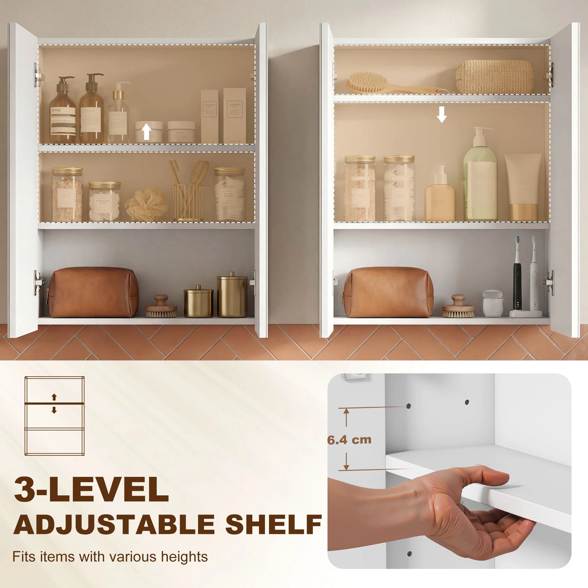 Bathroom Mirror Cabinet, 3-Tier Wall Mount Bathroom Storage Cabinet with Soft-Close Hinges and Adjustable Shelf, Double Door Cupboard, 60W x 15D x 75H cm, White - Image 7