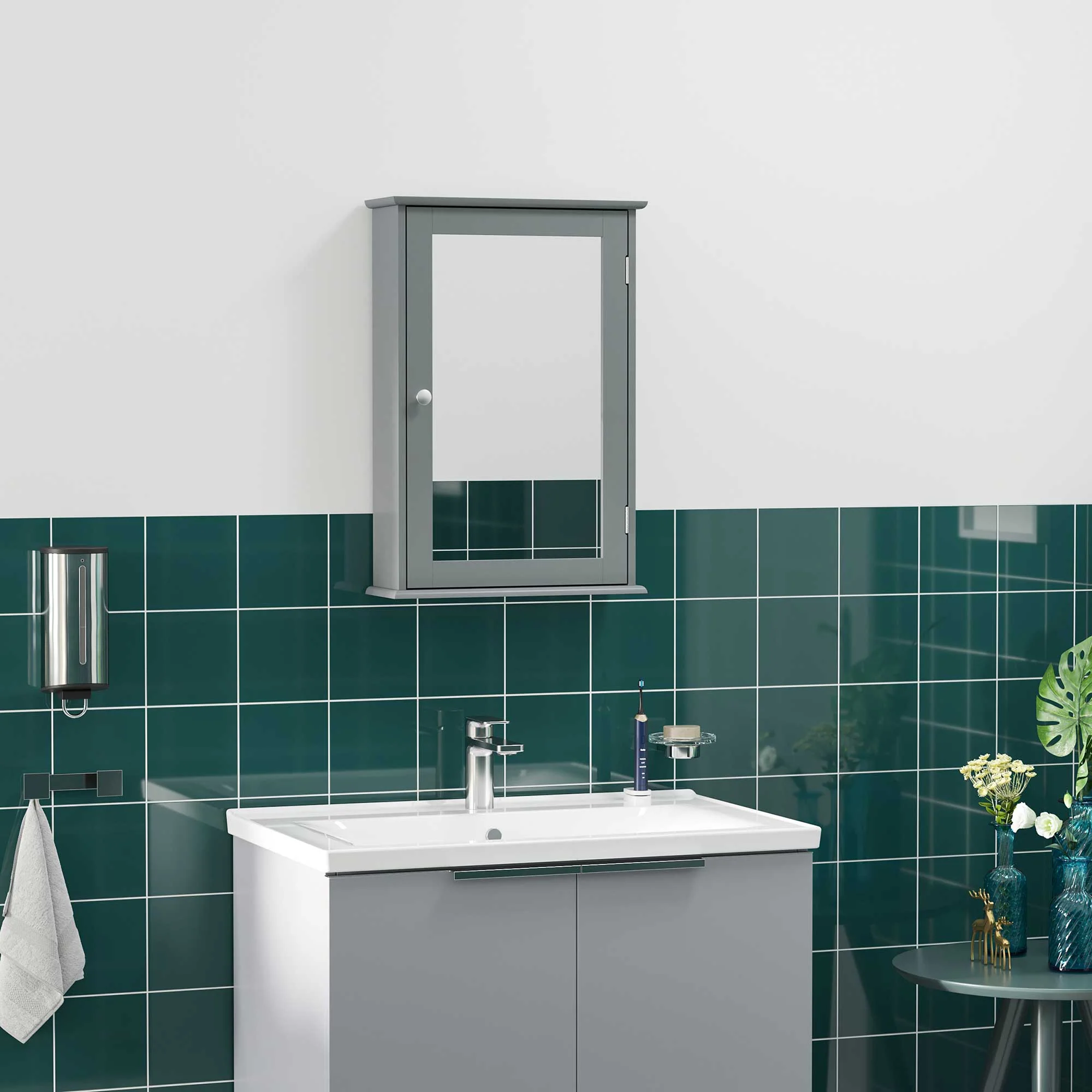 Wall Mounted Bathroom Medicine Cabinet, Storage Cupboard with Mirrored Door, Grey - Image 3