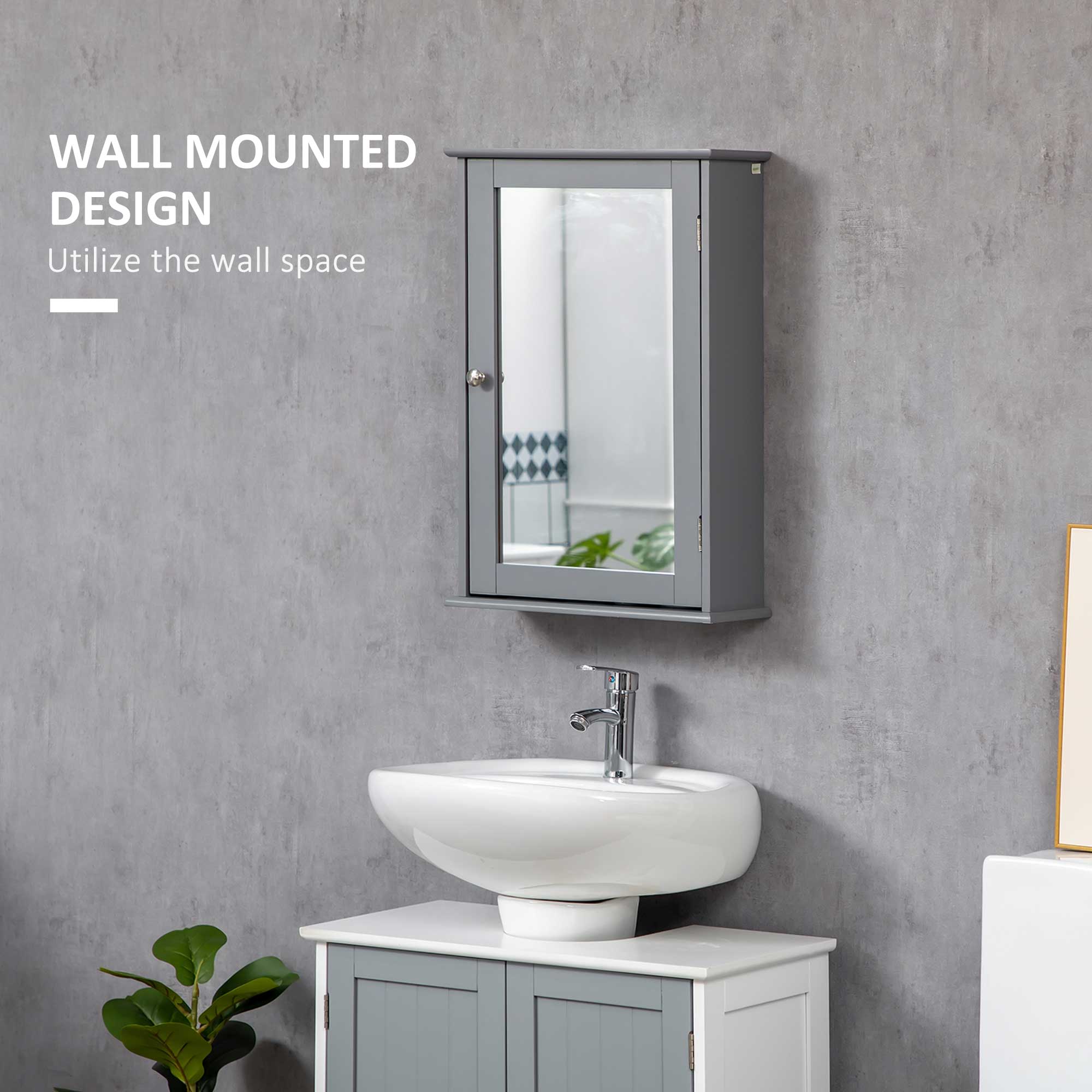 Wall Mounted Bathroom Medicine Cabinet, Storage Cupboard with Mirrored Door, Grey - Image 6