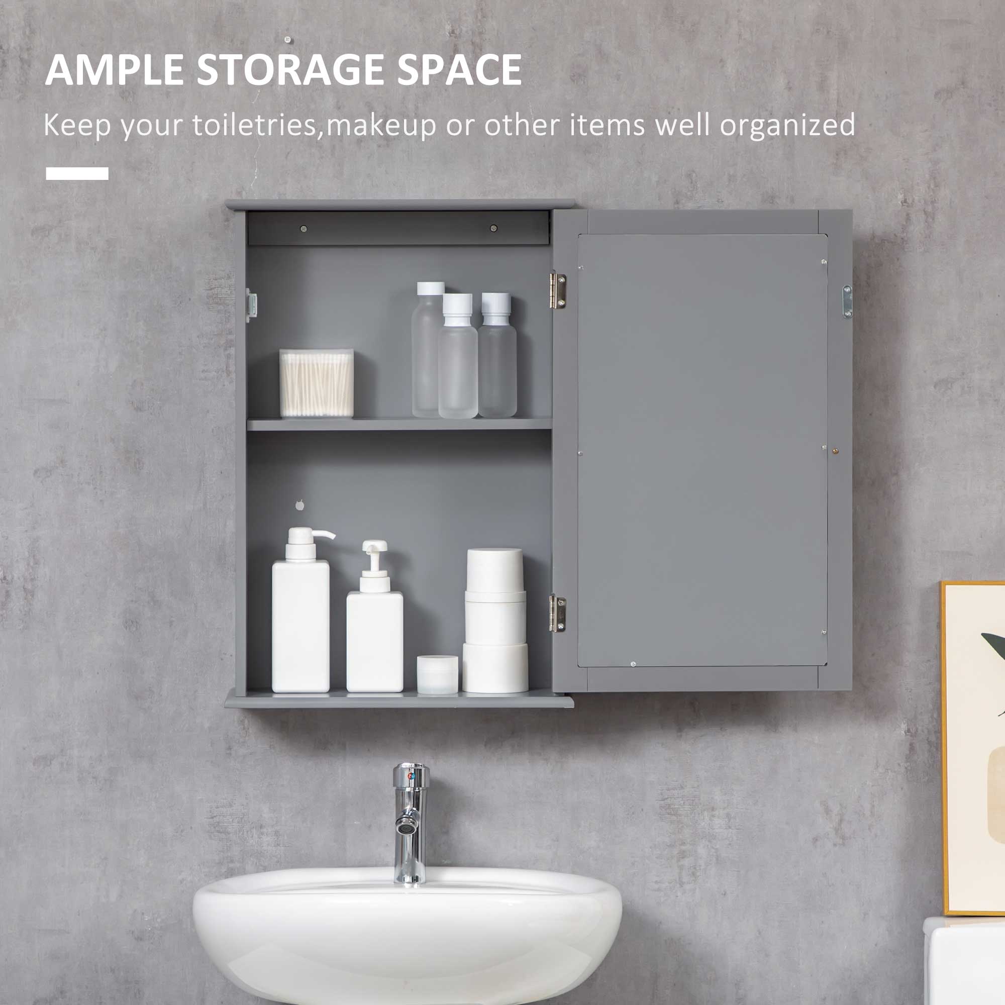 Wall Mounted Bathroom Medicine Cabinet, Storage Cupboard with Mirrored Door, Grey - Image 7