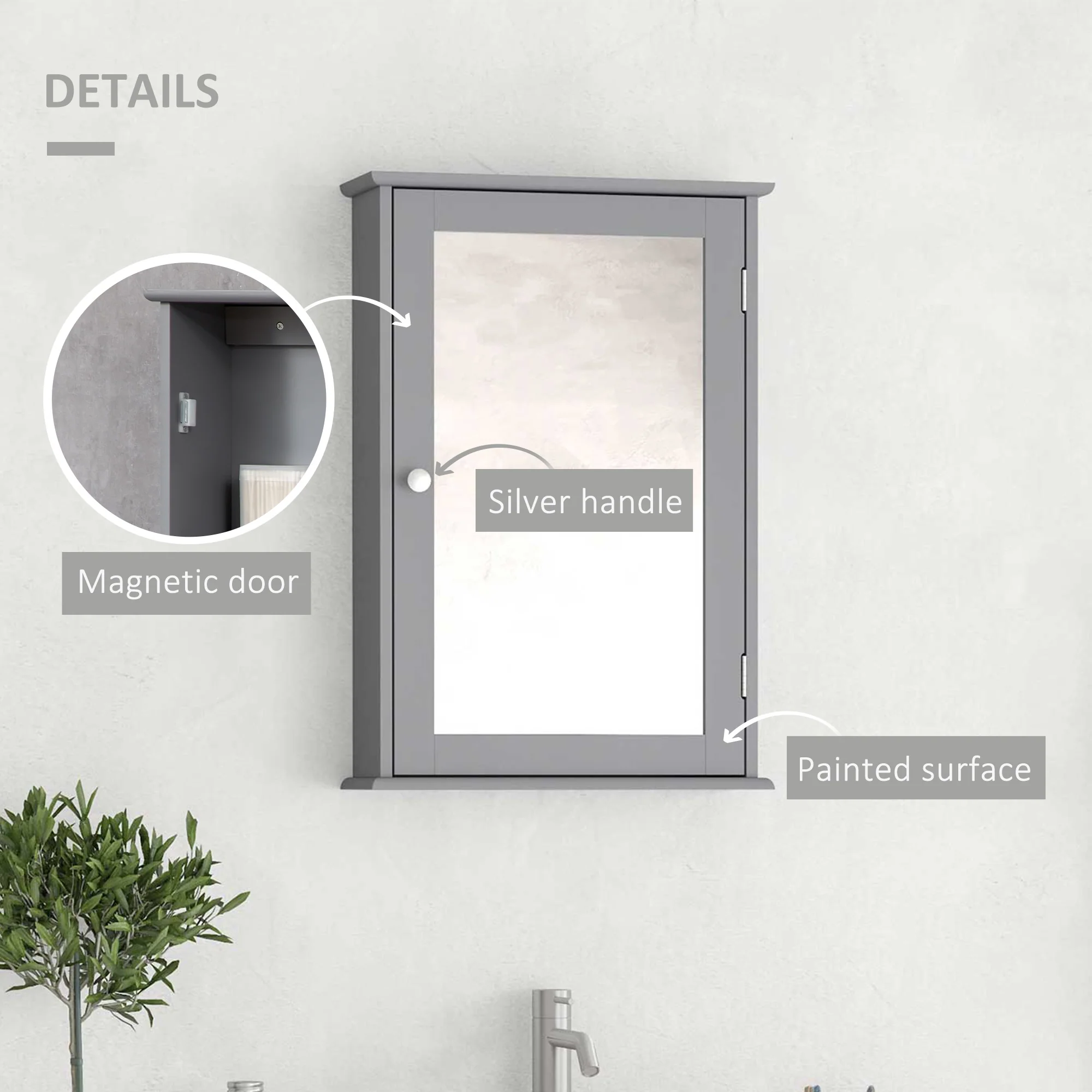 Wall Mounted Bathroom Medicine Cabinet, Storage Cupboard with Mirrored Door, Grey - Image 8