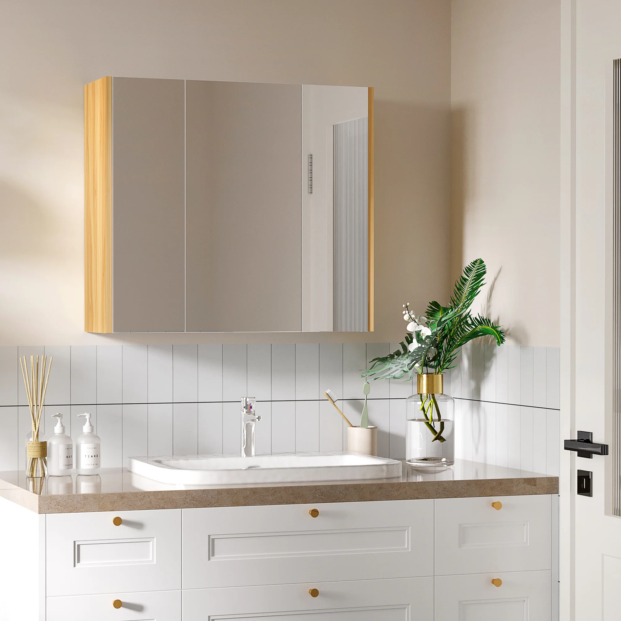 Wall Hung Medicine Cabinet with 3 Mirrored Doors & 4 Adjustable Shelves for Bathroom, White - Image 4
