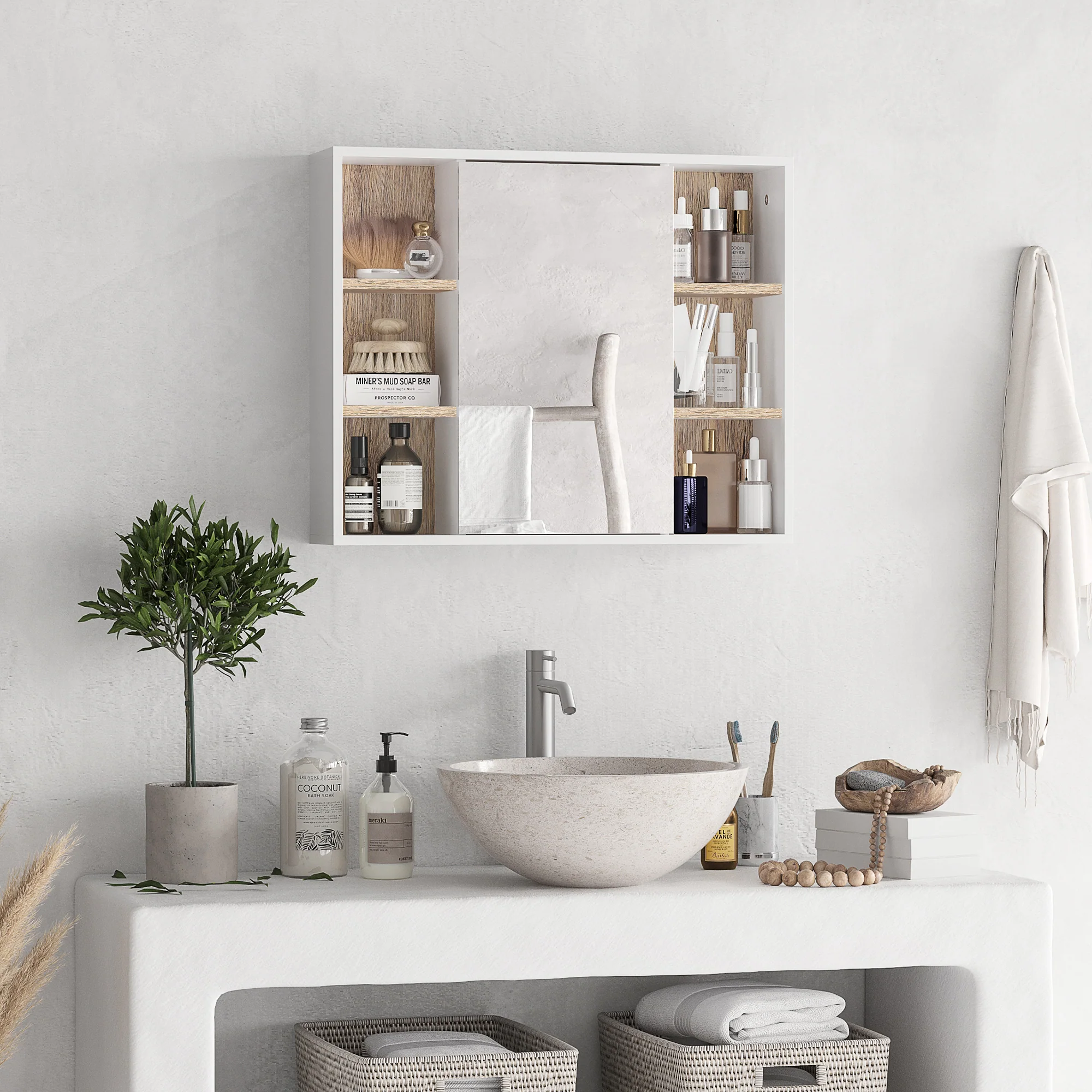 Bathroom Mirror Cabinet, Wall Mounted Storage Cabinet with Open Cupboard, White - Image 3