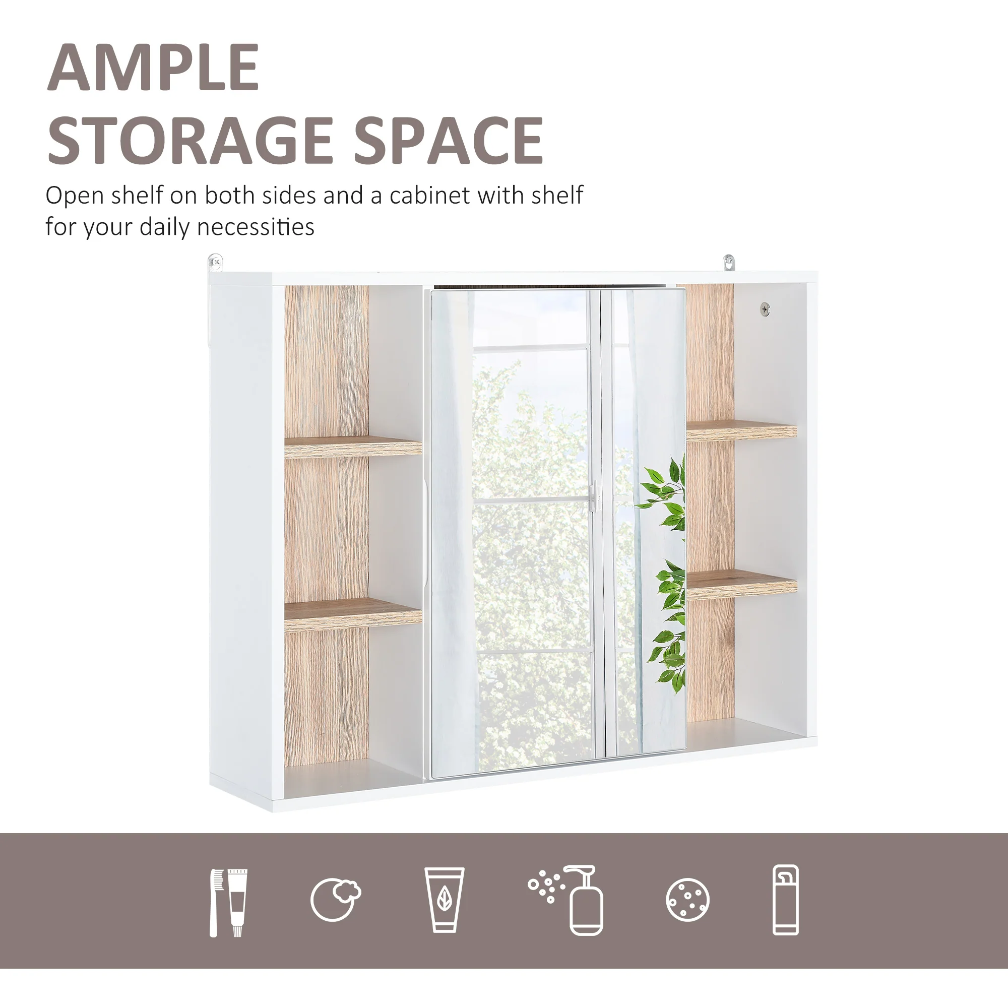 Bathroom Mirror Cabinet, Wall Mounted Storage Cabinet with Open Cupboard, White - Image 6
