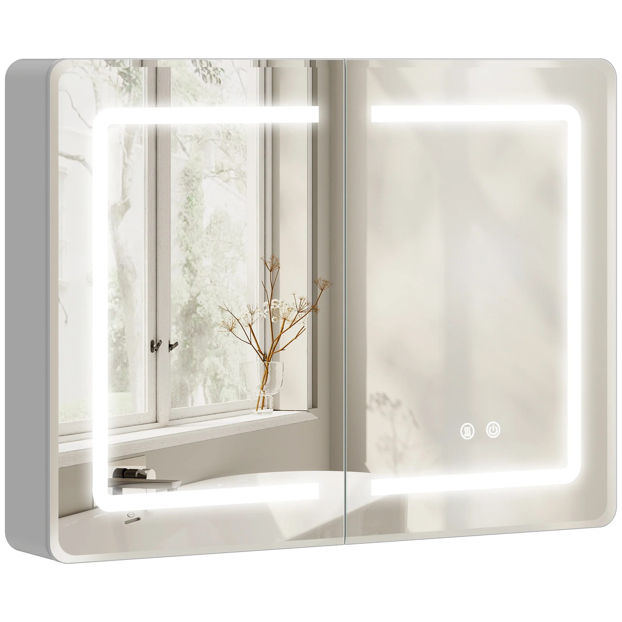 Bathroom Mirror Cabinet with LED Lights and Double-Sided Mirrors, 600 x 800 mm Aluminium Wall Mounted Bathroom Cabinet with Anti-Fog, 3 Colour Dimmable Lighting, Adjustable Shelves