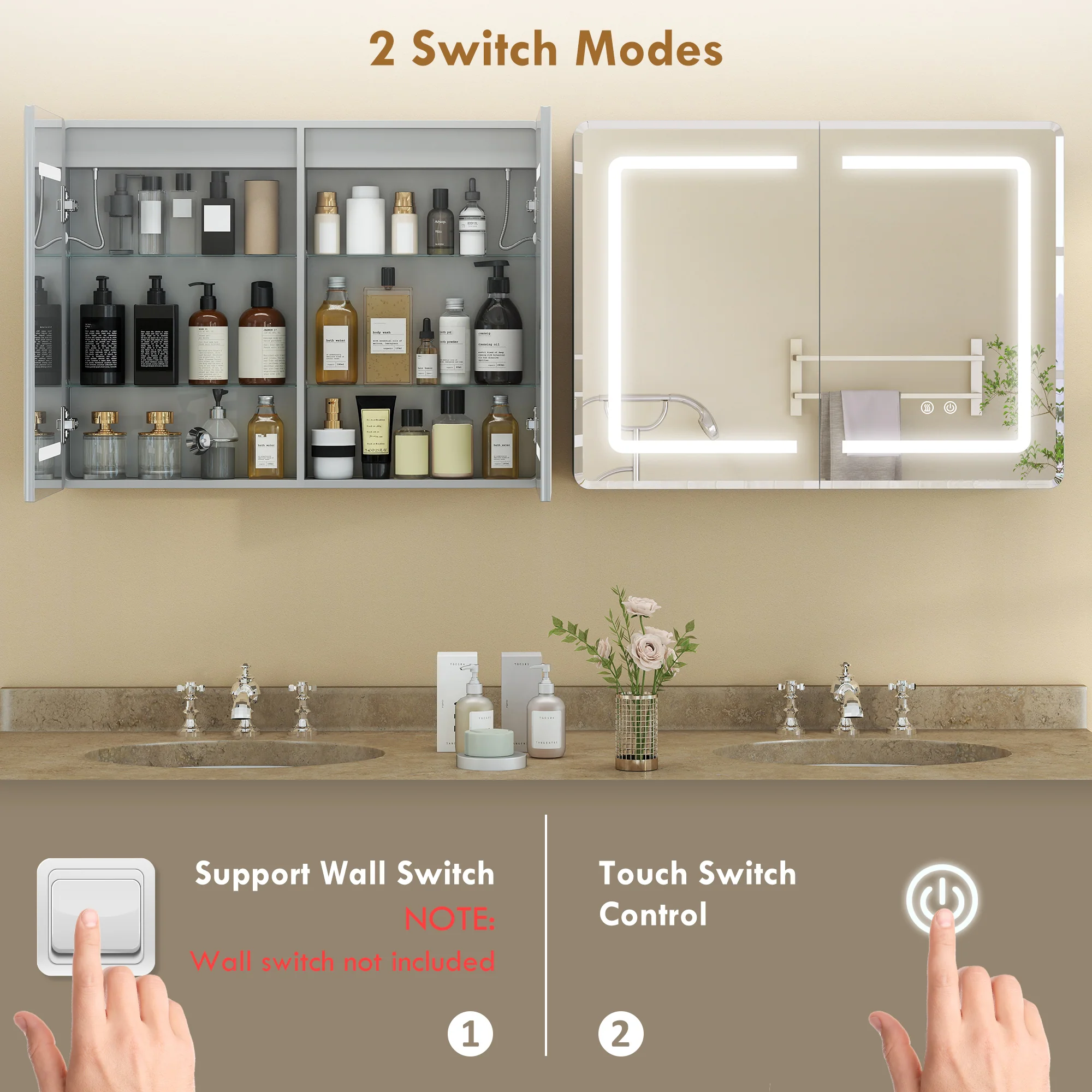 Bathroom Mirror Cabinet with LED Lights and Double-Sided Mirrors, 600 x 800 mm Aluminium Wall Mounted Bathroom Cabinet with Anti-Fog, 3 Colour Dimmable Lighting, Adjustable Shelves - Image 11