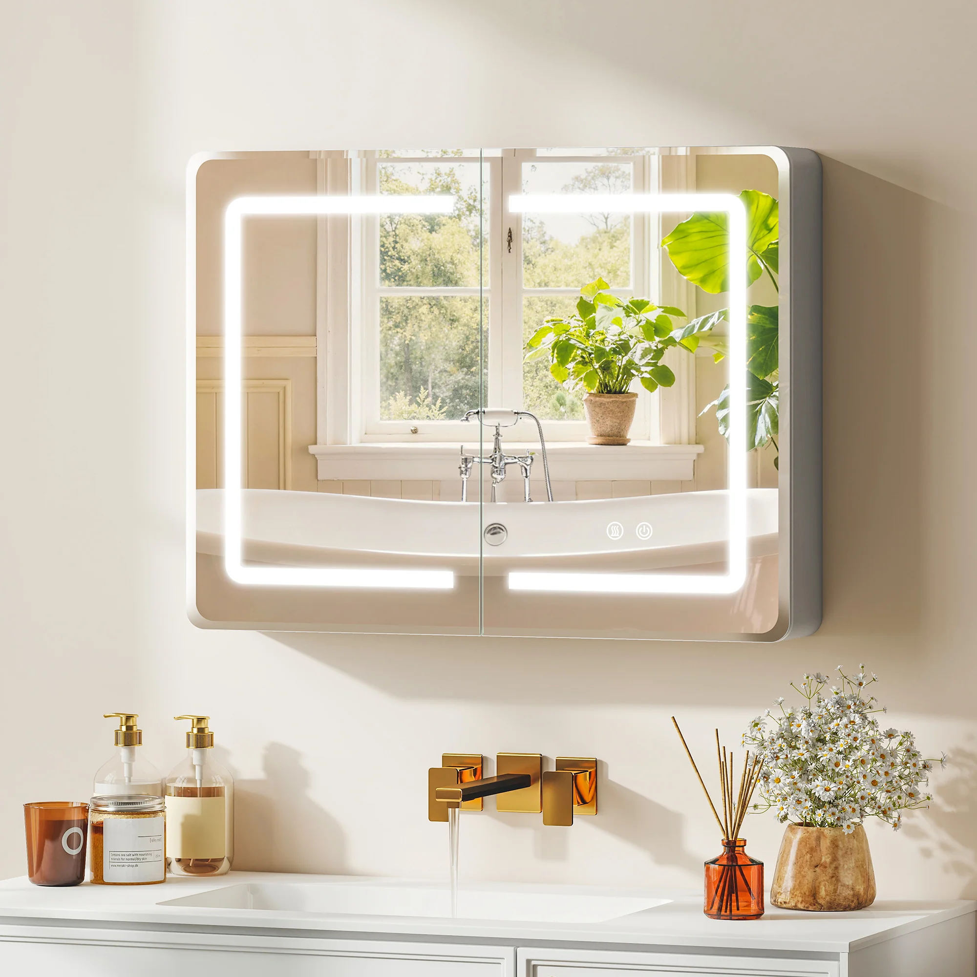 Bathroom Mirror Cabinet with LED Lights and Double-Sided Mirrors, 600 x 800 mm Aluminium Wall Mounted Bathroom Cabinet with Anti-Fog, 3 Colour Dimmable Lighting, Adjustable Shelves - Image 3