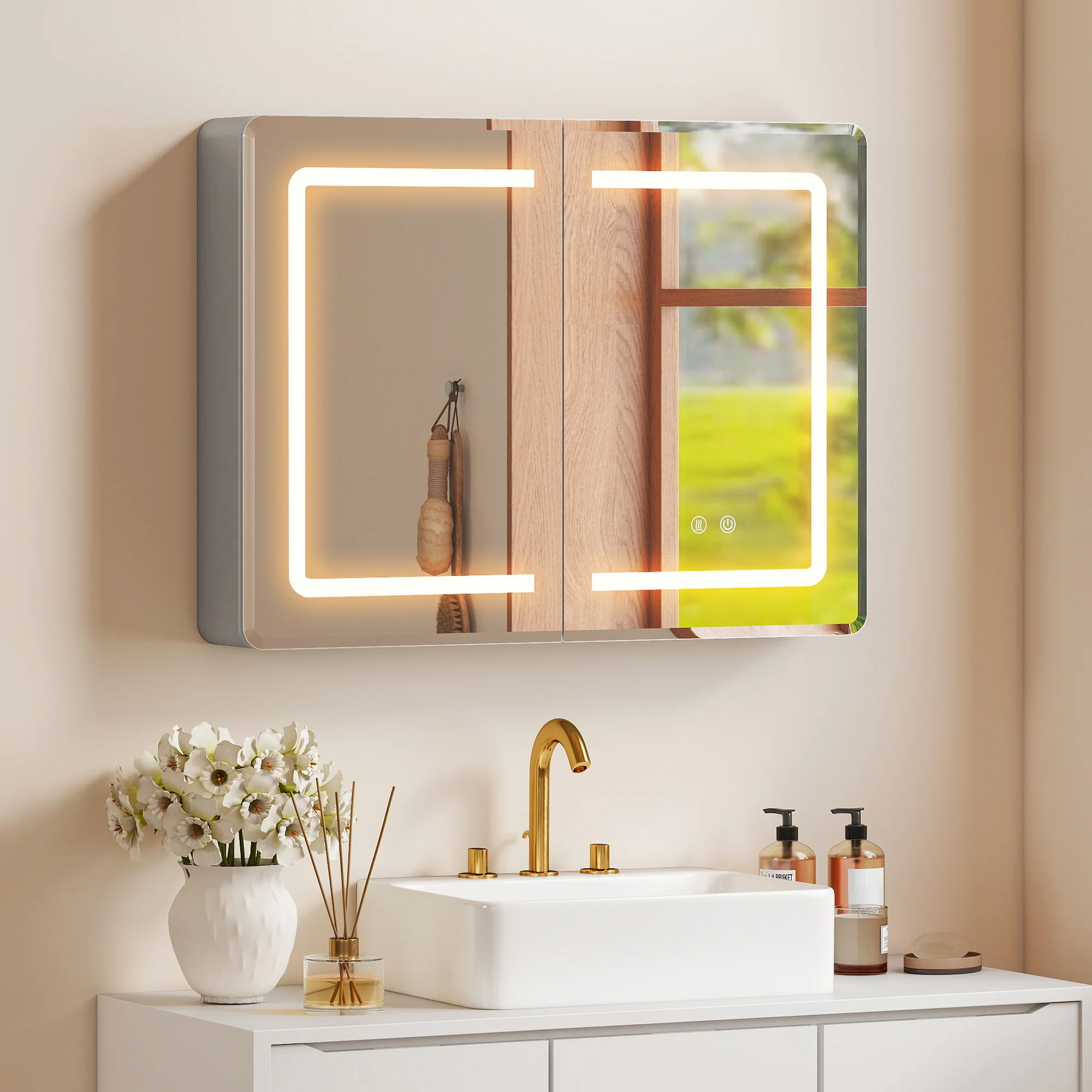 Bathroom Mirror Cabinet with LED Lights and Double-Sided Mirrors, 600 x 800 mm Aluminium Wall Mounted Bathroom Cabinet with Anti-Fog, 3 Colour Dimmable Lighting, Adjustable Shelves - Image 4