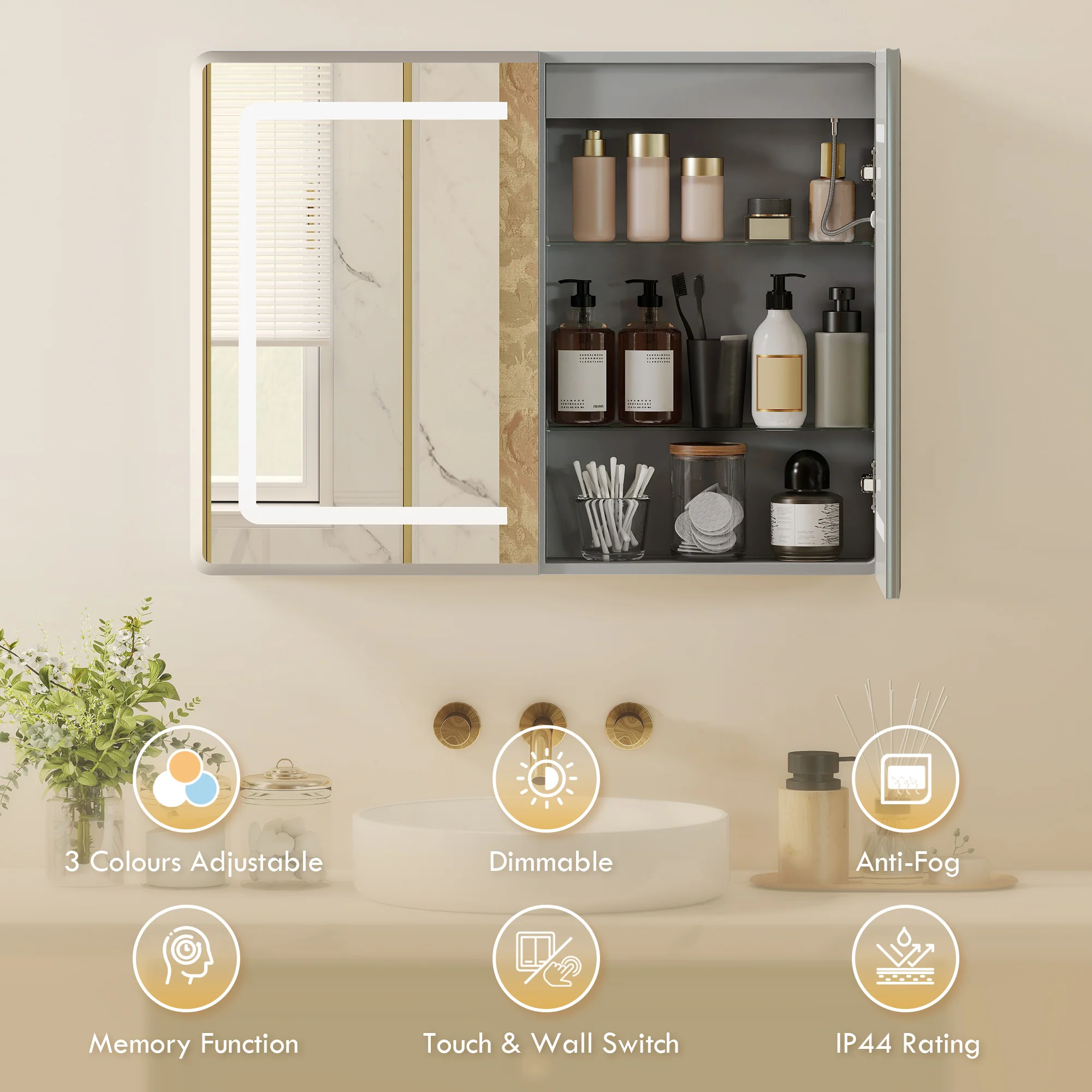 Bathroom Mirror Cabinet with LED Lights and Double-Sided Mirrors, 600 x 800 mm Aluminium Wall Mounted Bathroom Cabinet with Anti-Fog, 3 Colour Dimmable Lighting, Adjustable Shelves - Image 6