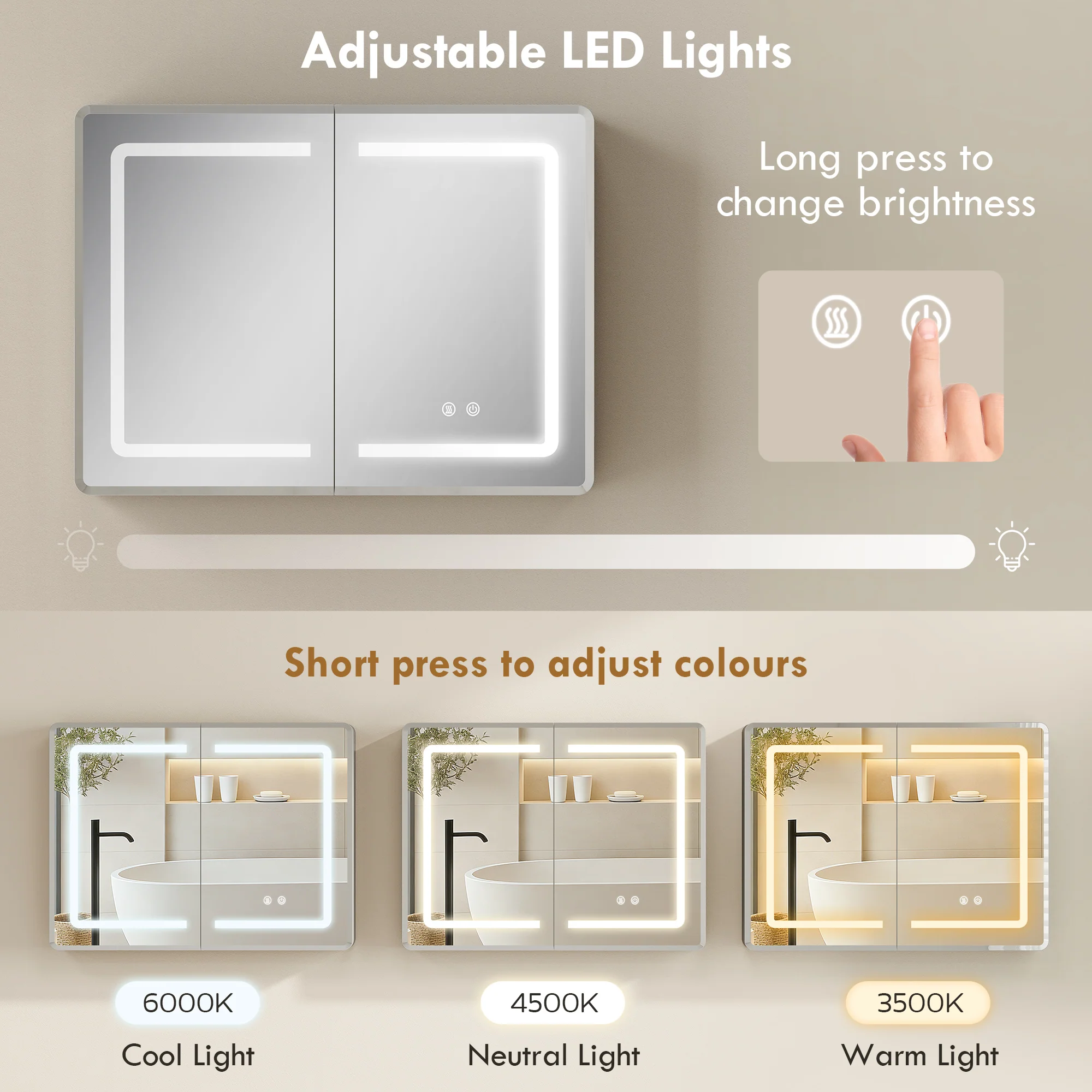 Bathroom Mirror Cabinet with LED Lights and Double-Sided Mirrors, 600 x 800 mm Aluminium Wall Mounted Bathroom Cabinet with Anti-Fog, 3 Colour Dimmable Lighting, Adjustable Shelves - Image 7