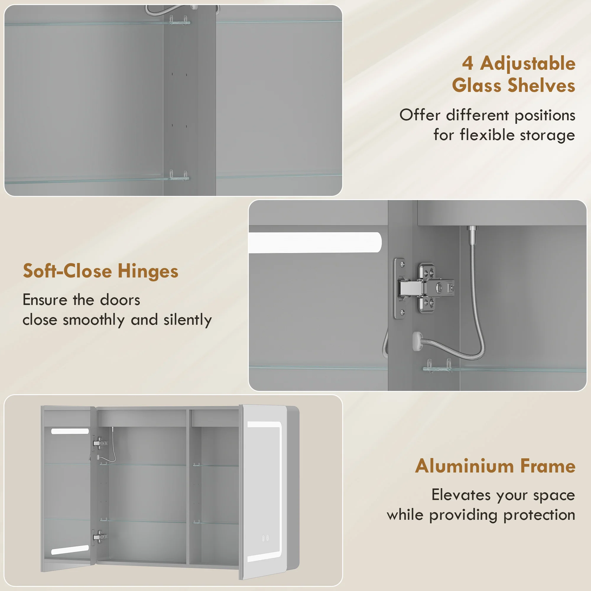 Bathroom Mirror Cabinet with LED Lights and Double-Sided Mirrors, 600 x 800 mm Aluminium Wall Mounted Bathroom Cabinet with Anti-Fog, 3 Colour Dimmable Lighting, Adjustable Shelves - Image 9