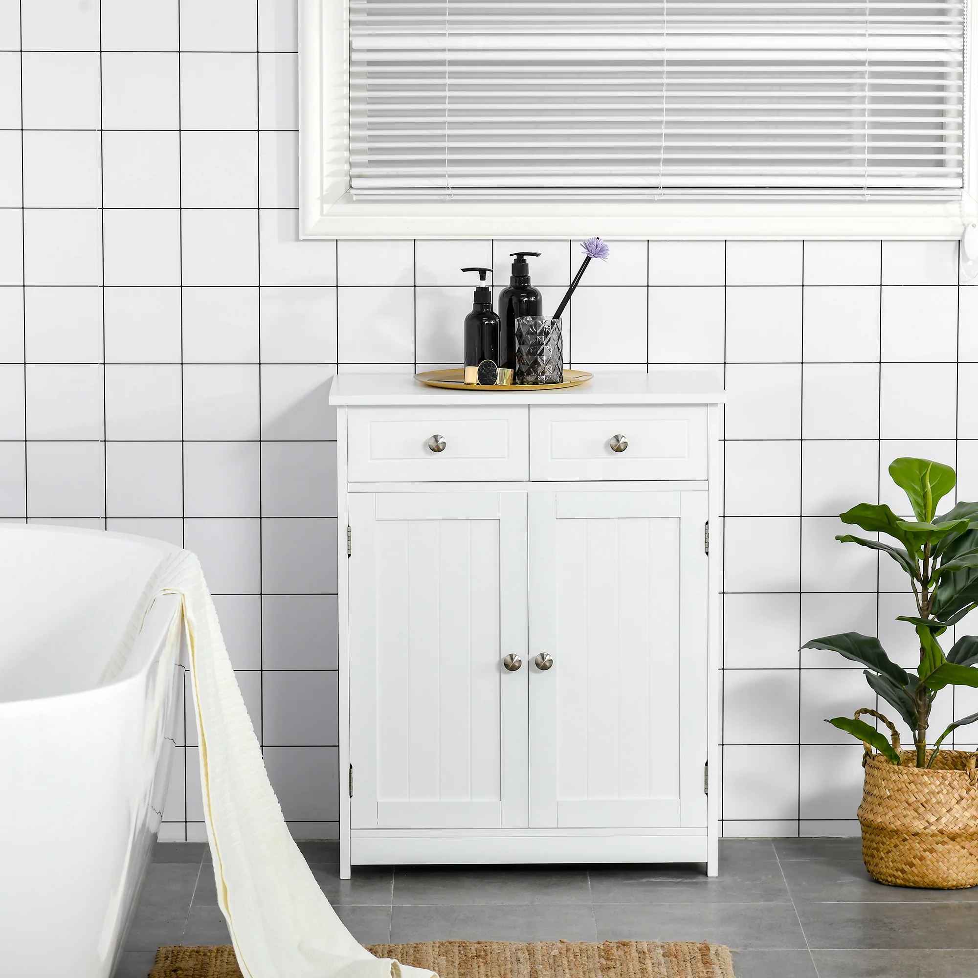 Bathroom Storage Cabinet, Floor Cabinet with 2 Doors, 2 Drawers & Adjustable Shelf, White - Image 3