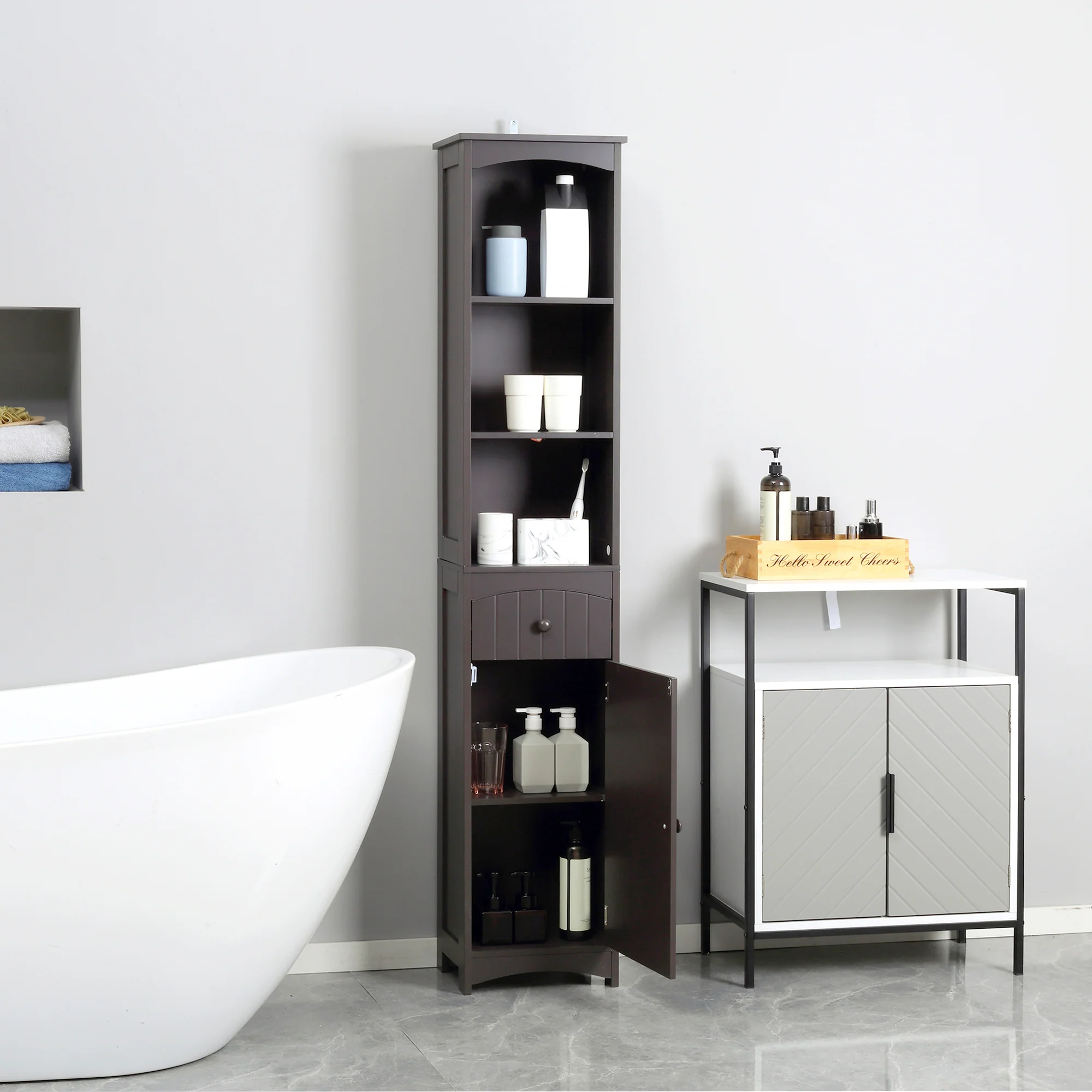 3-Tier Bathroom Linen Cabinet with Drawer & Door, Bathroom Storage Cabinet, Brown - Image 3