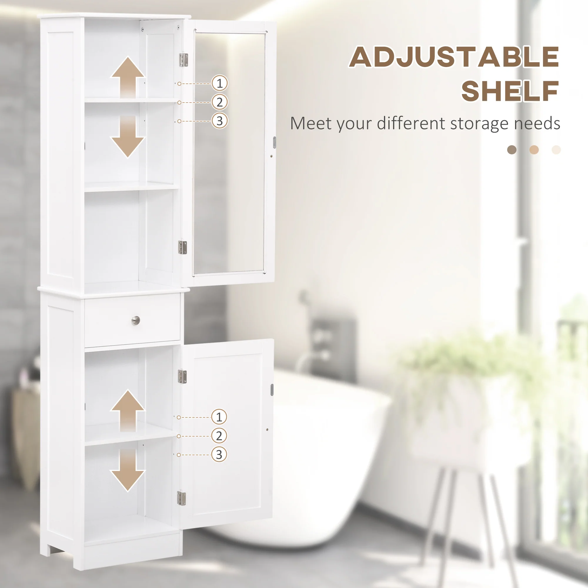 Bathroom Storage Cabinet with 3-tier Shelf, Floor Standing Tall Slim Organizer, White - Image 8