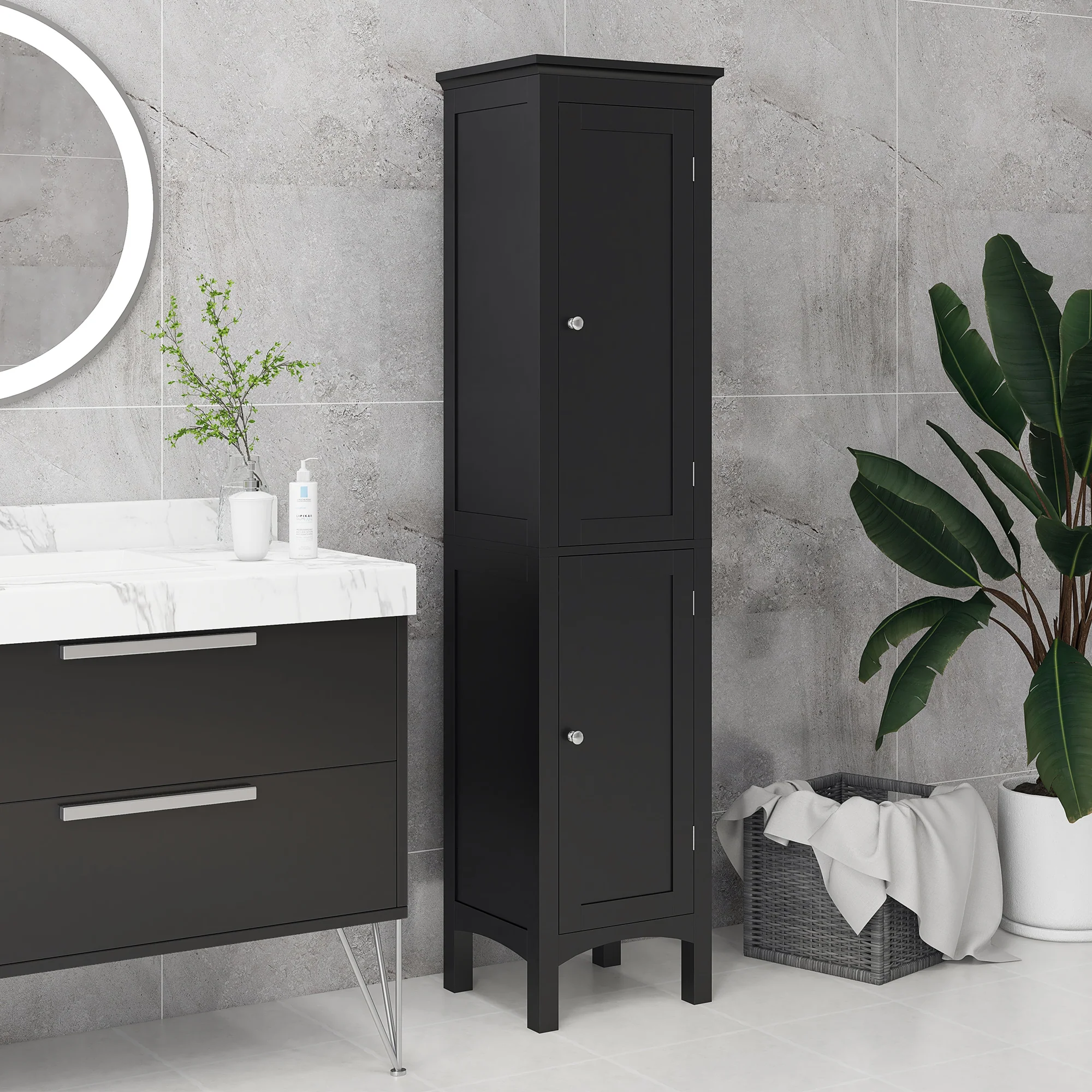 63" Tall Bathroom Storage Cabinet, Floor Organizer w/ Adjustable Shelves & 2 Doors, Black - Image 10