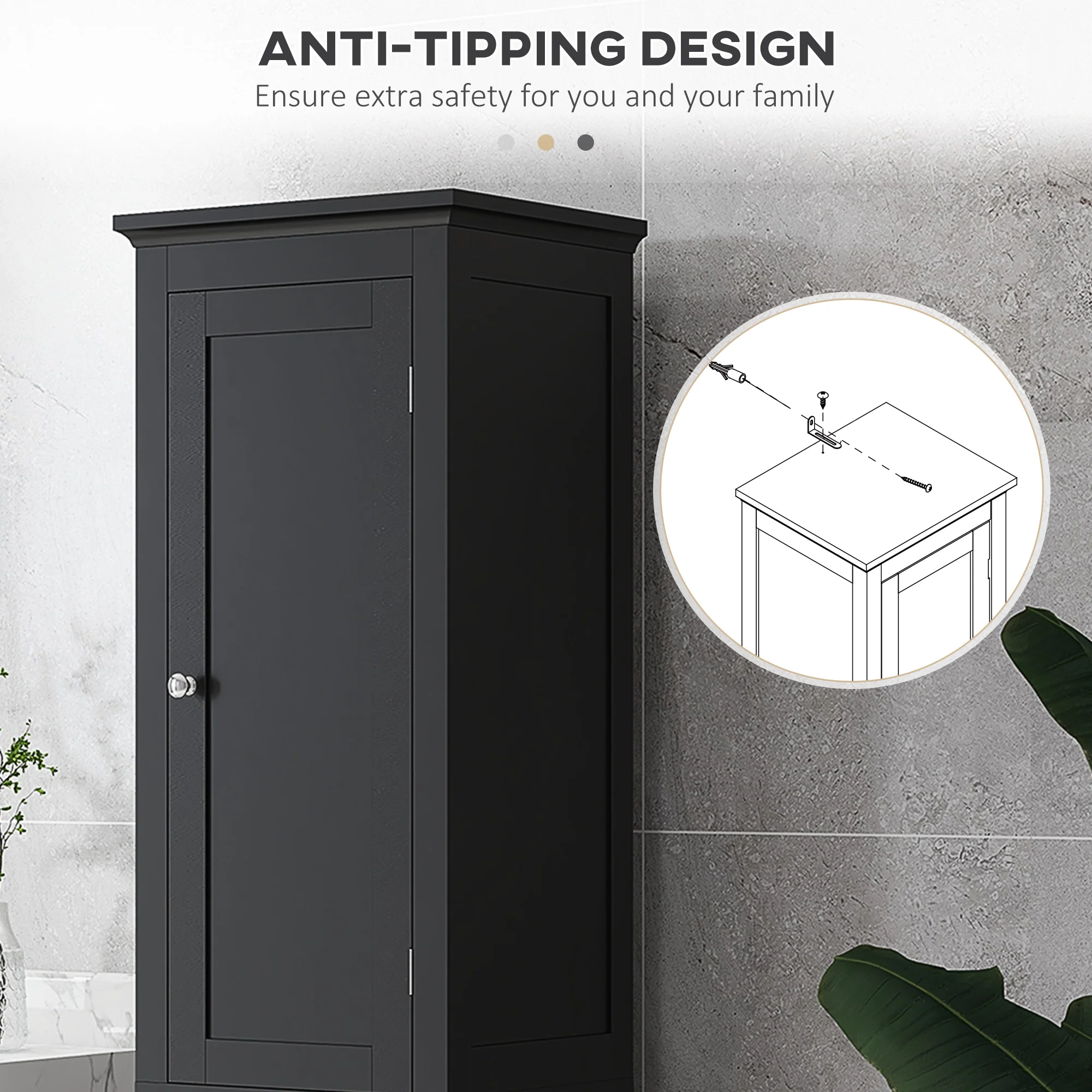 63" Tall Bathroom Storage Cabinet, Floor Organizer w/ Adjustable Shelves & 2 Doors, Black - Image 8