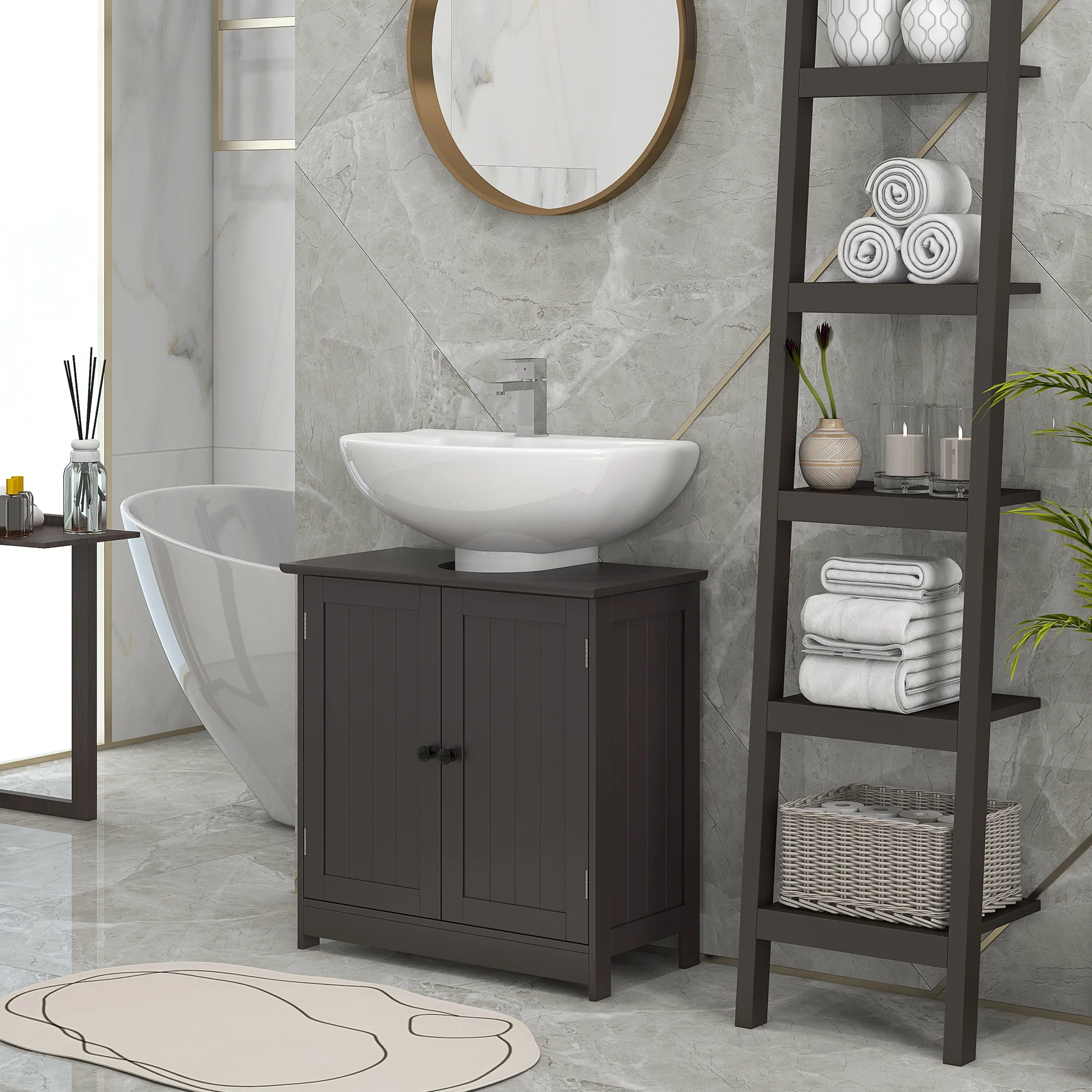 Bathroom Vanity Cabinet Under Sink Cabinet with 2 Doors and Adjustable Shelf Coffee - Image 4