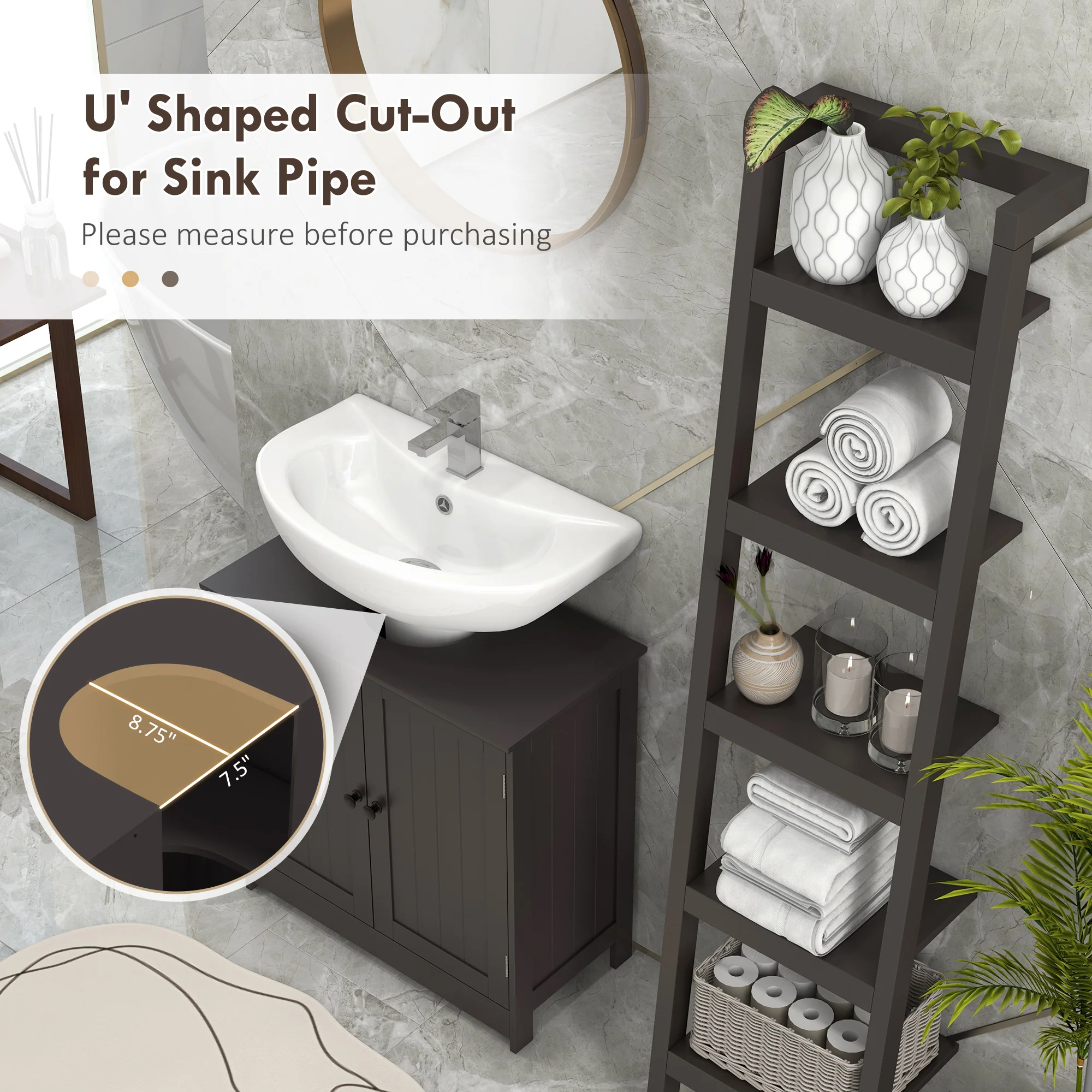 Bathroom Vanity Cabinet Under Sink Cabinet with 2 Doors and Adjustable Shelf Coffee - Image 6
