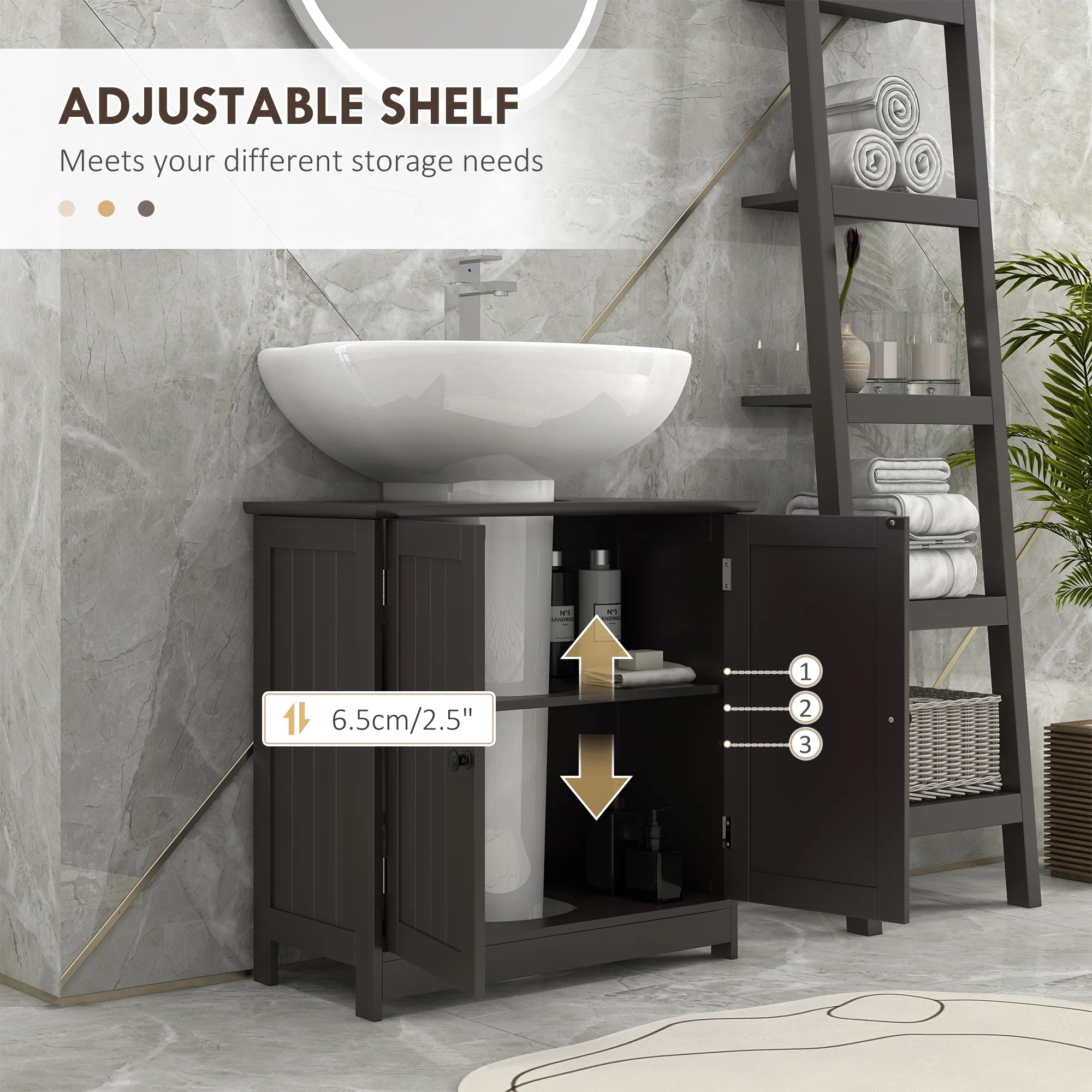 Bathroom Vanity Cabinet Under Sink Cabinet with 2 Doors and Adjustable Shelf Coffee - Image 7