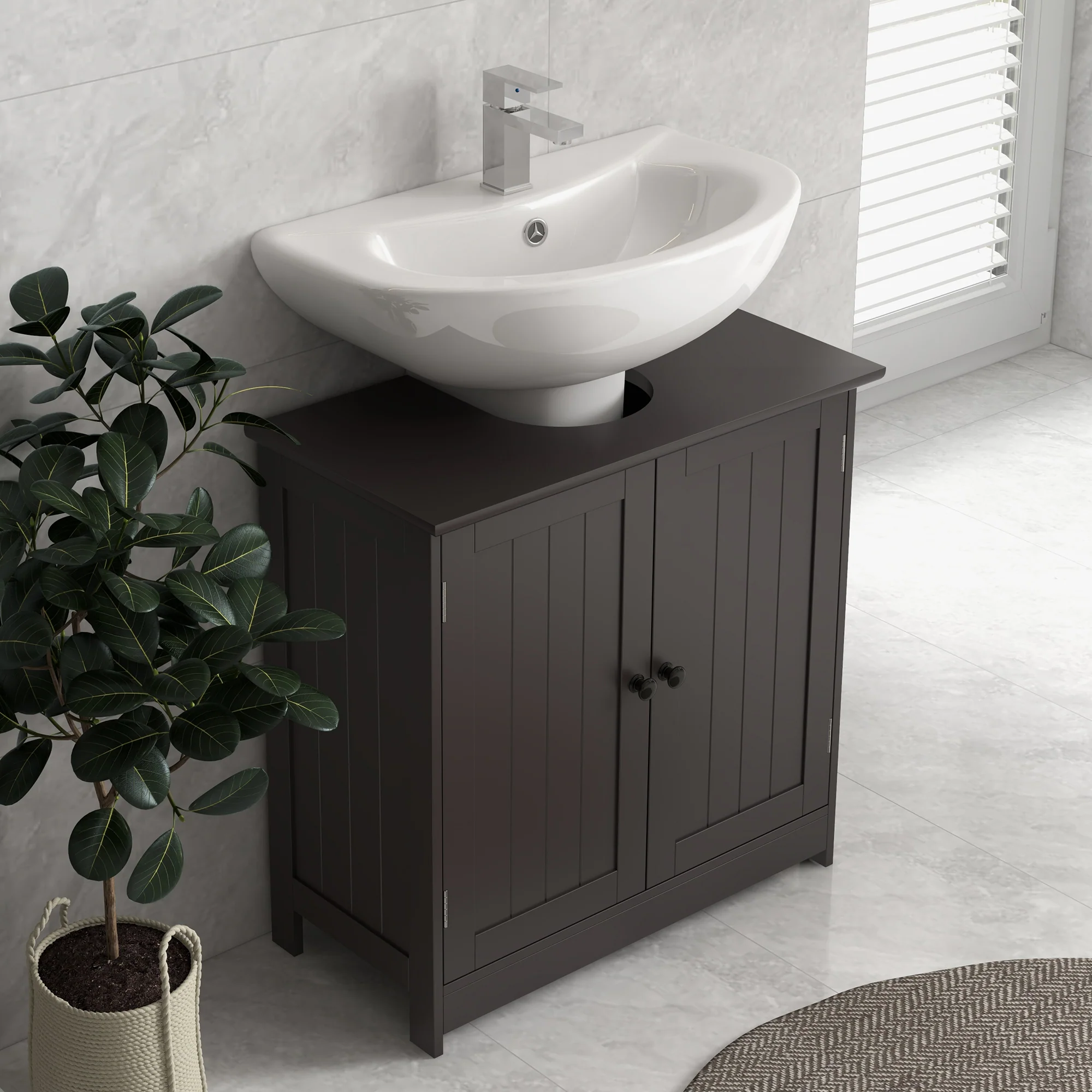 Bathroom Vanity Cabinet Under Sink Cabinet with 2 Doors and Adjustable Shelf Coffee - Image 9