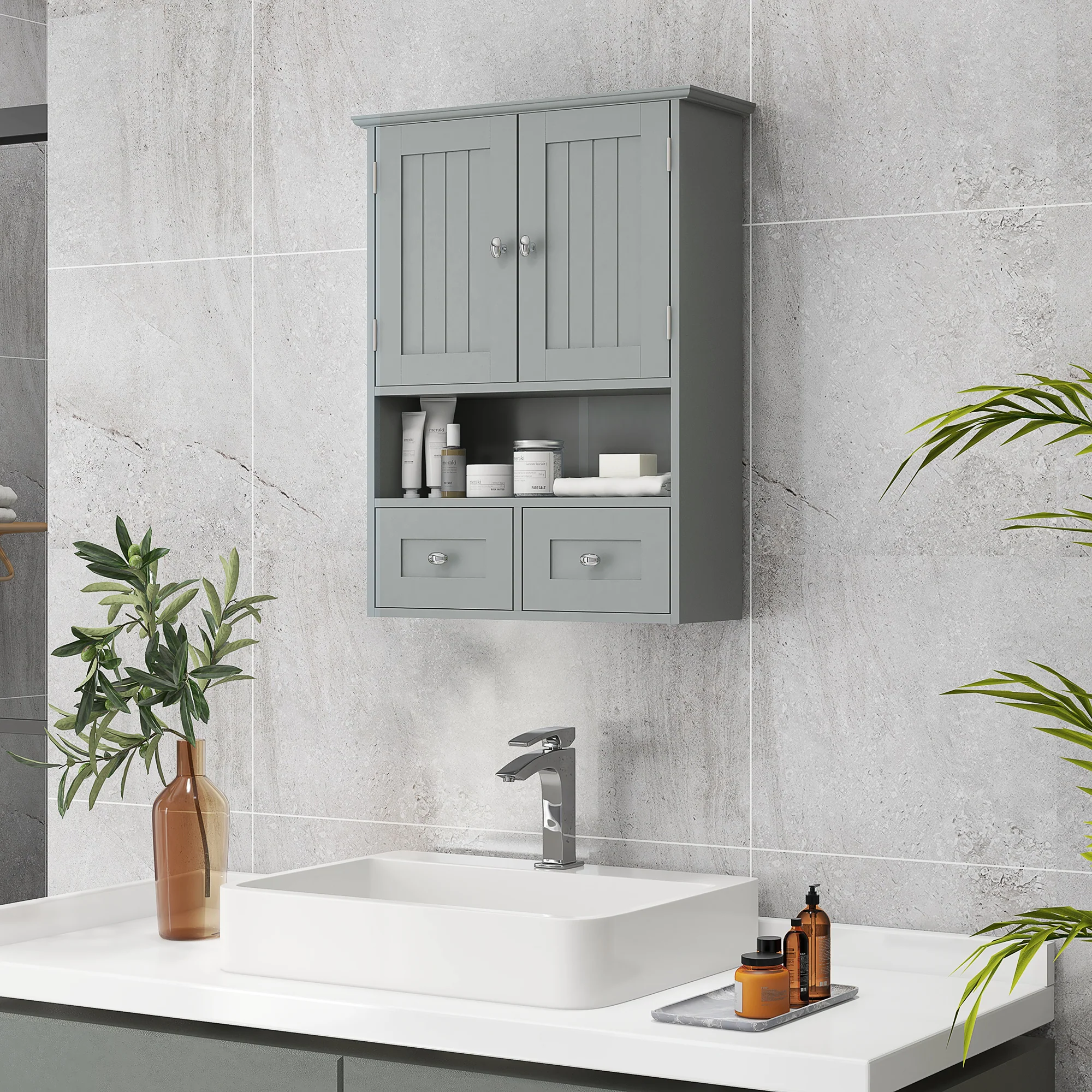 Bathroom Wall Cupboard, Over Toilet Storage Medicine Cabinet with Shelf & Drawers, Grey - Image 3
