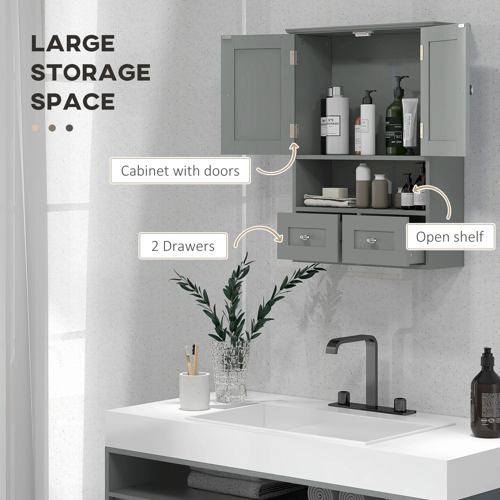 Bathroom Wall Cupboard, Over Toilet Storage Medicine Cabinet with Shelf & Drawers, Grey - Image 6