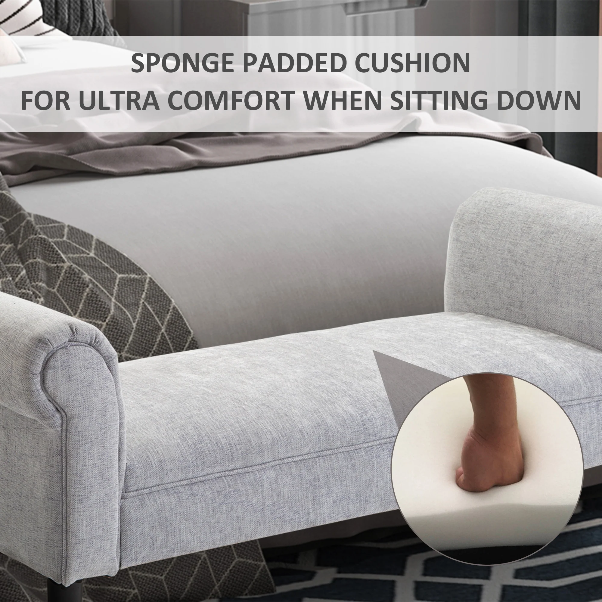 Bed End Bench, Window Seat, Linen Chaise Lounge Sofa with Arm and Wooden Legs, Grey - Image 7