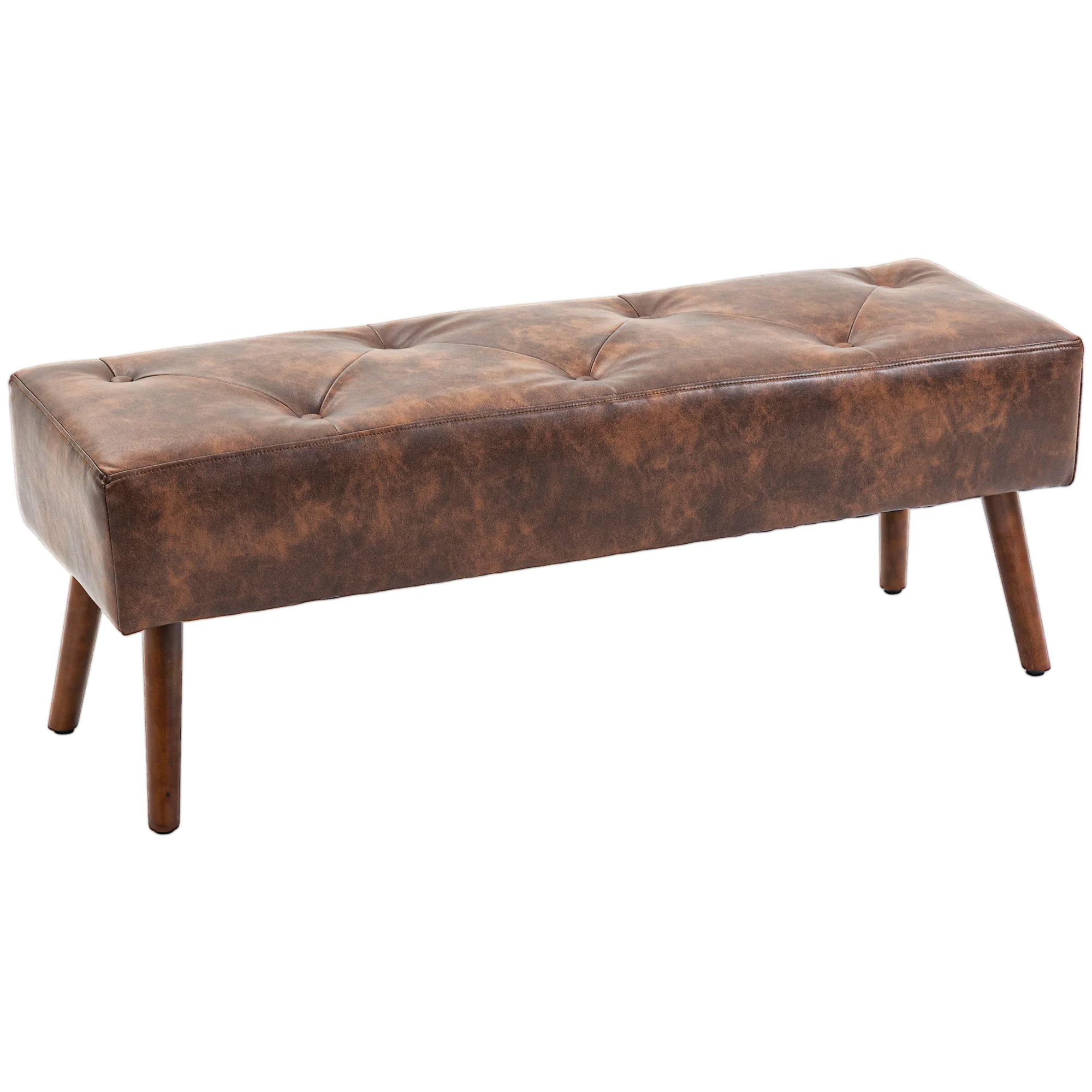 PU Leather End of Bed Bench with Button Tufted Design & Wood Legs for Entryway, Brown