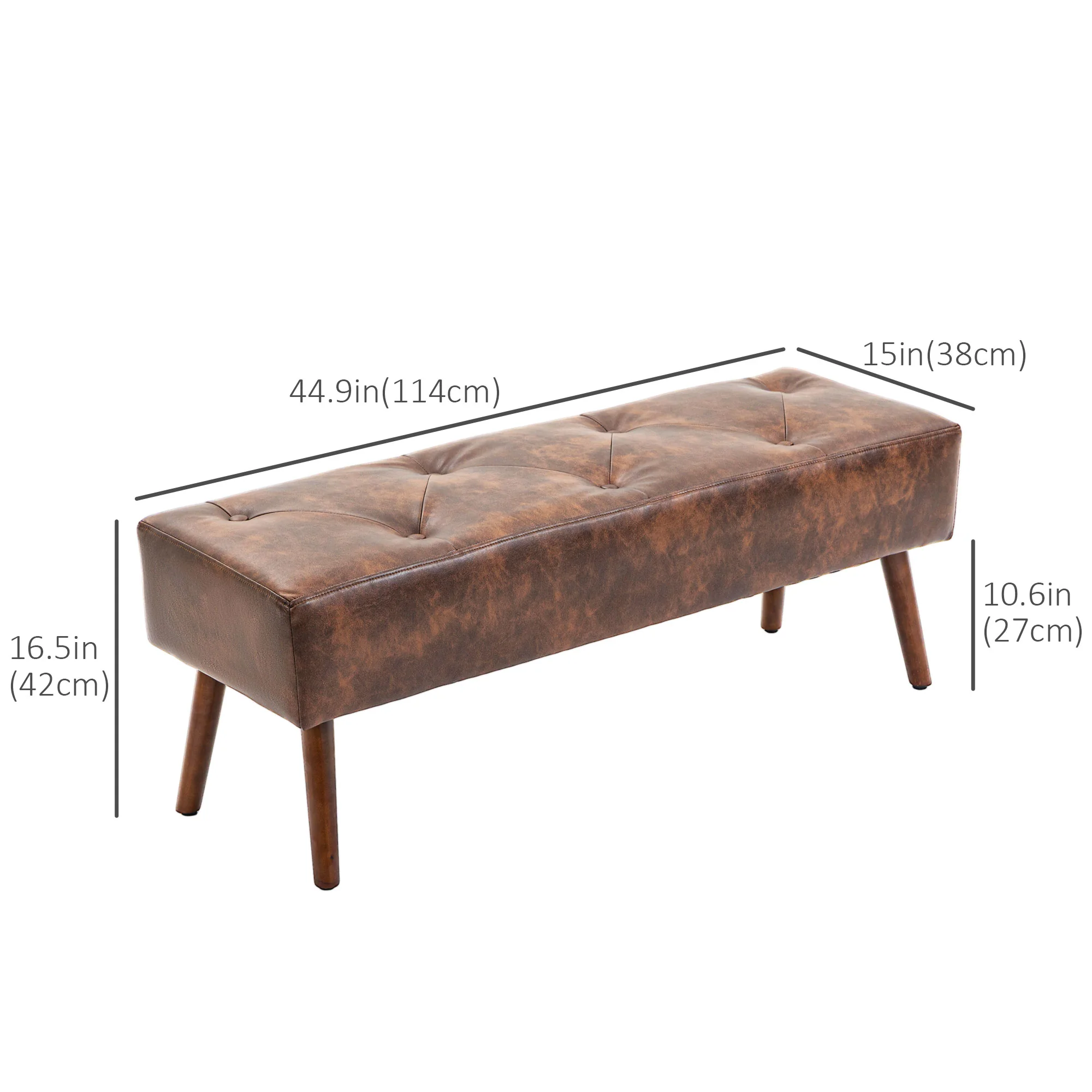 PU Leather End of Bed Bench with Button Tufted Design & Wood Legs for Entryway, Brown - Image 5