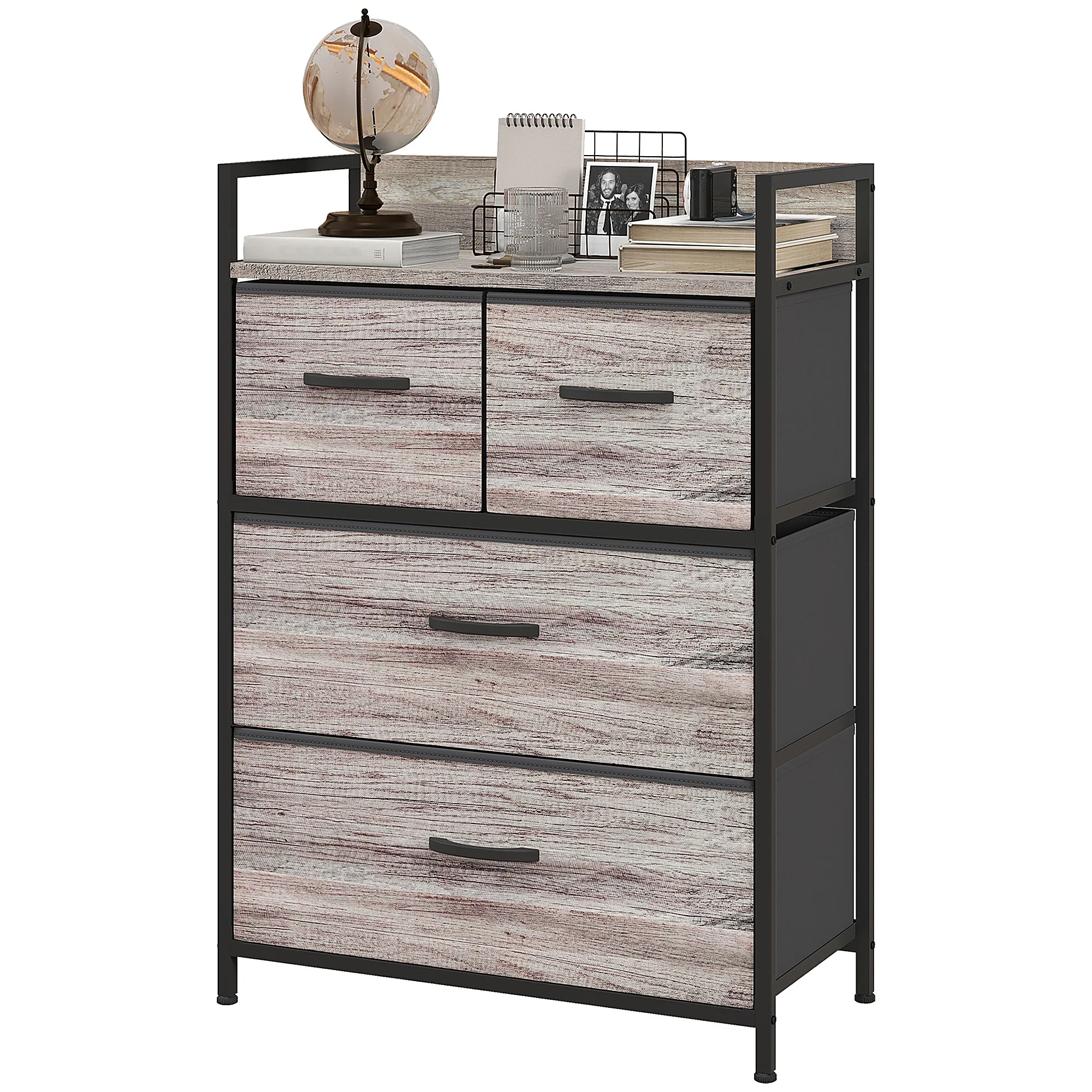 Bedroom Chest of Drawers, Fabric Dresser with 4 Drawers & Open Shelf , Grey Wood Effect - Image 2