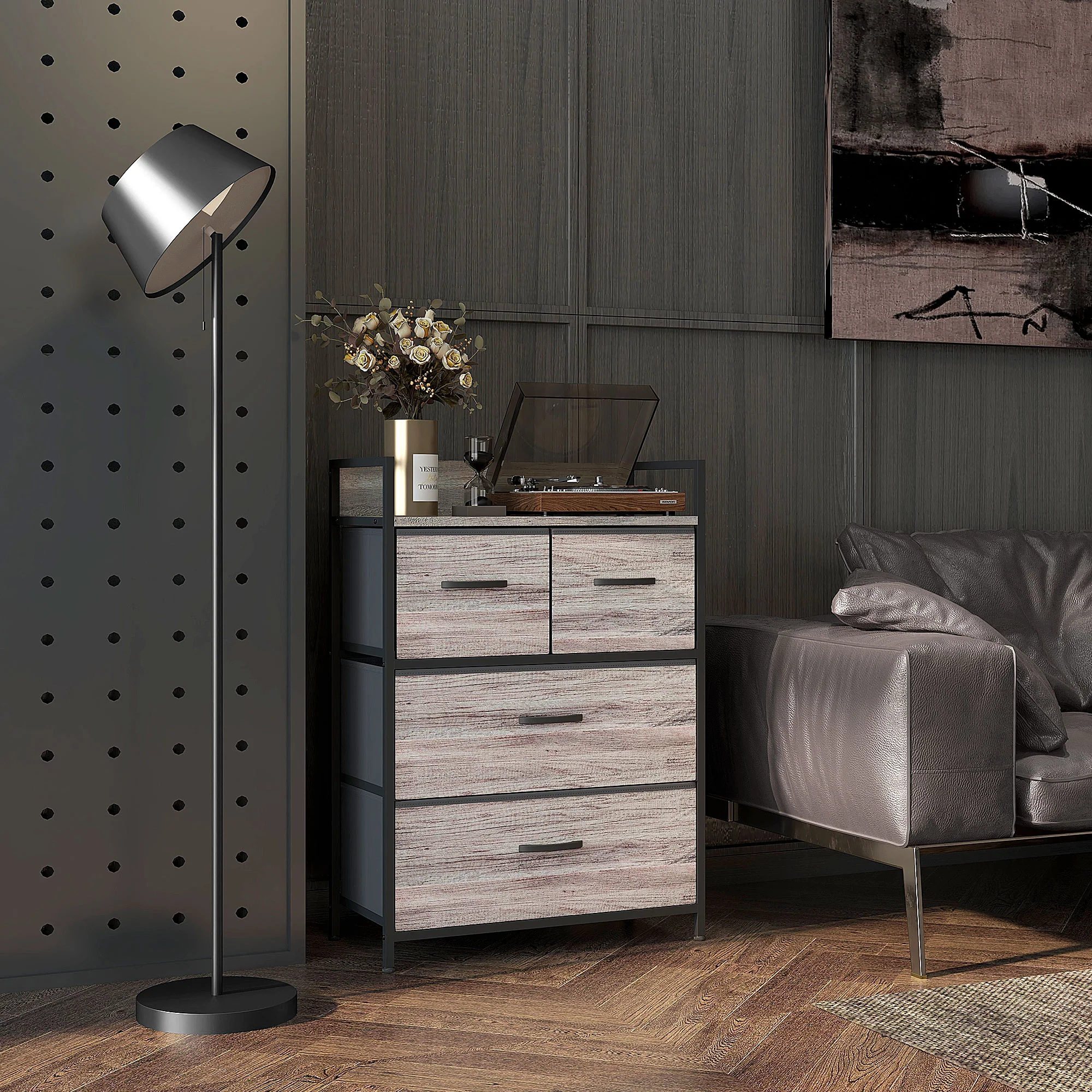 Bedroom Chest of Drawers, Fabric Dresser with 4 Drawers & Open Shelf , Grey Wood Effect - Image 3