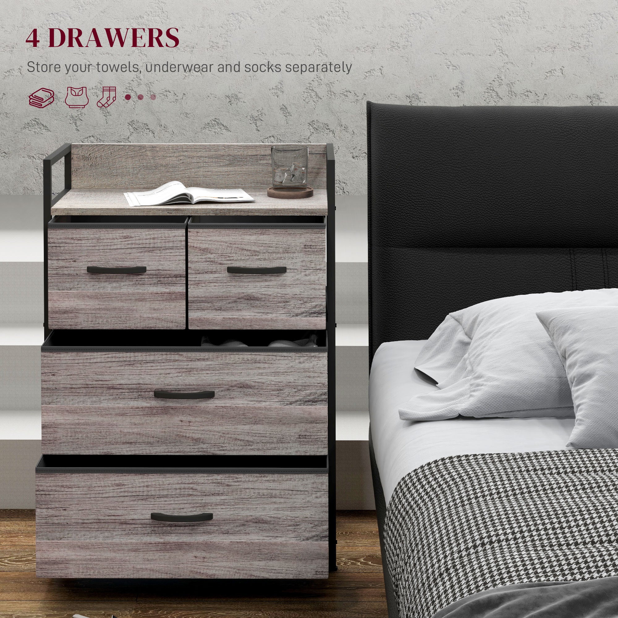 Bedroom Chest of Drawers, Fabric Dresser with 4 Drawers & Open Shelf , Grey Wood Effect - Image 6