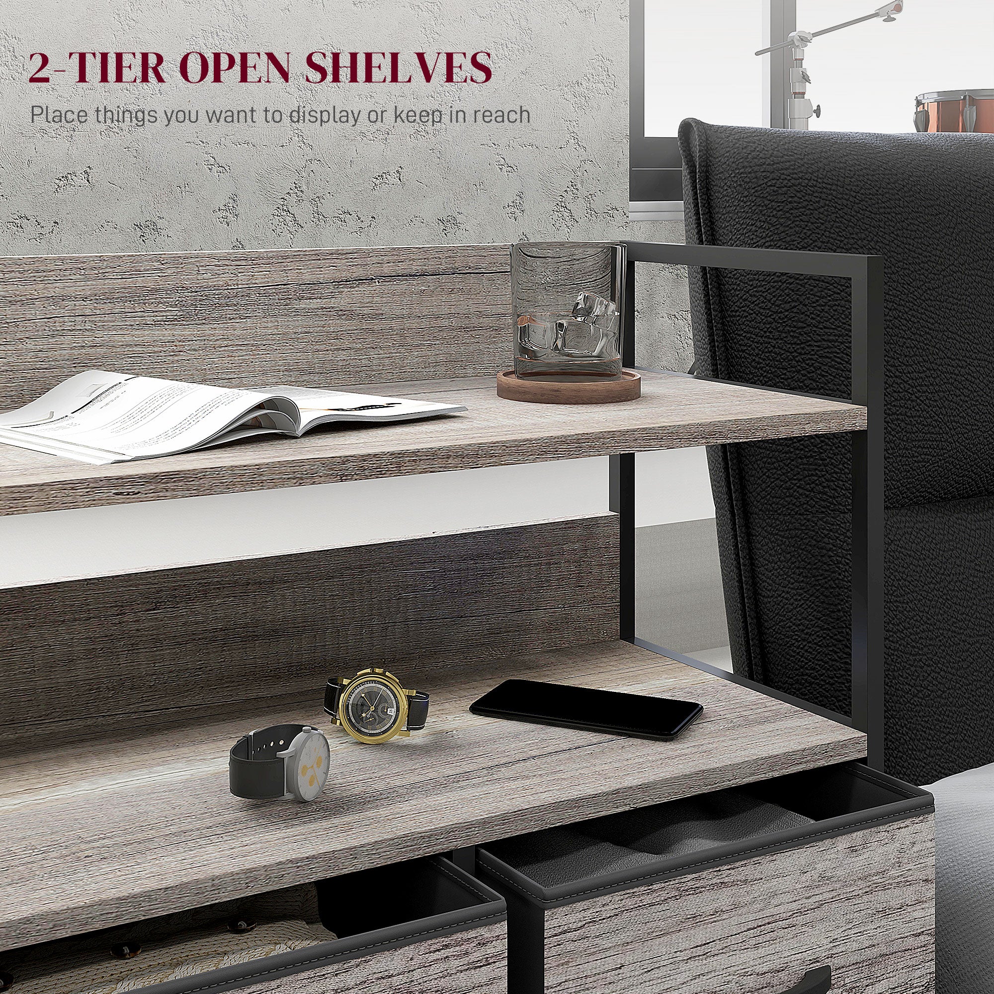Bedroom Chest of Drawers, Fabric Dresser with 5 Drawers & Open Shelf , Grey Wood Effect - Image 7