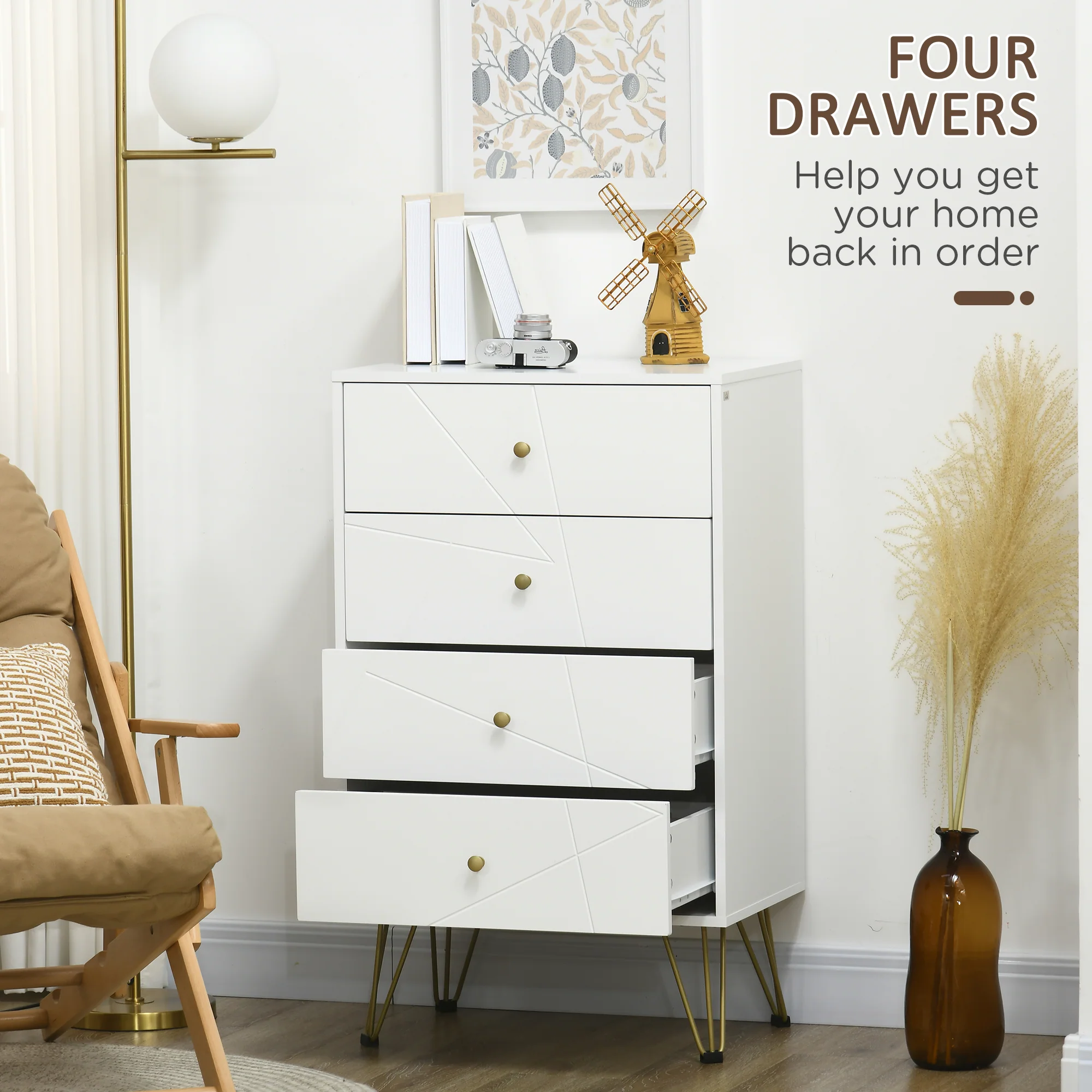 Bedroom Tallboy 4-Drawer Dresser, Modern Storage Drawer Unit with Hairpin Legs, White - Image 6