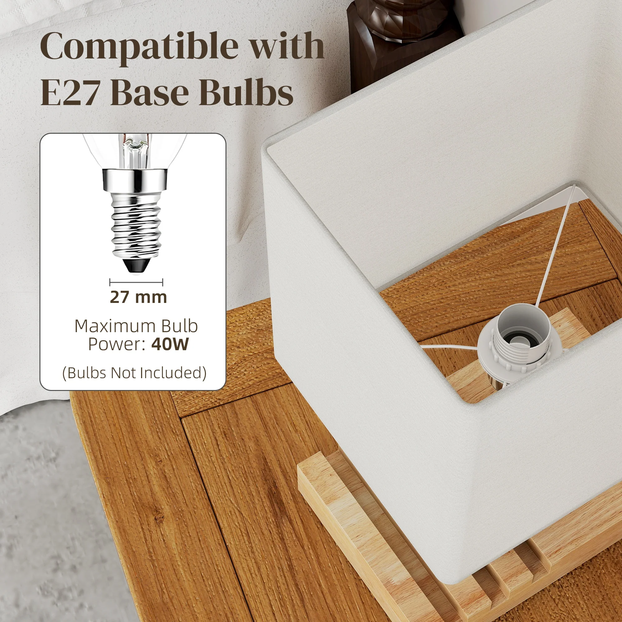 Bedside Lamp with USB A+C Charging Ports and 3 Phone Stands, Modern Table Lamp with Solid Wood Base and Fabric Shade for Bedroom Living Room Office, E27 Socket, Bulb Not Included, White - Image 8