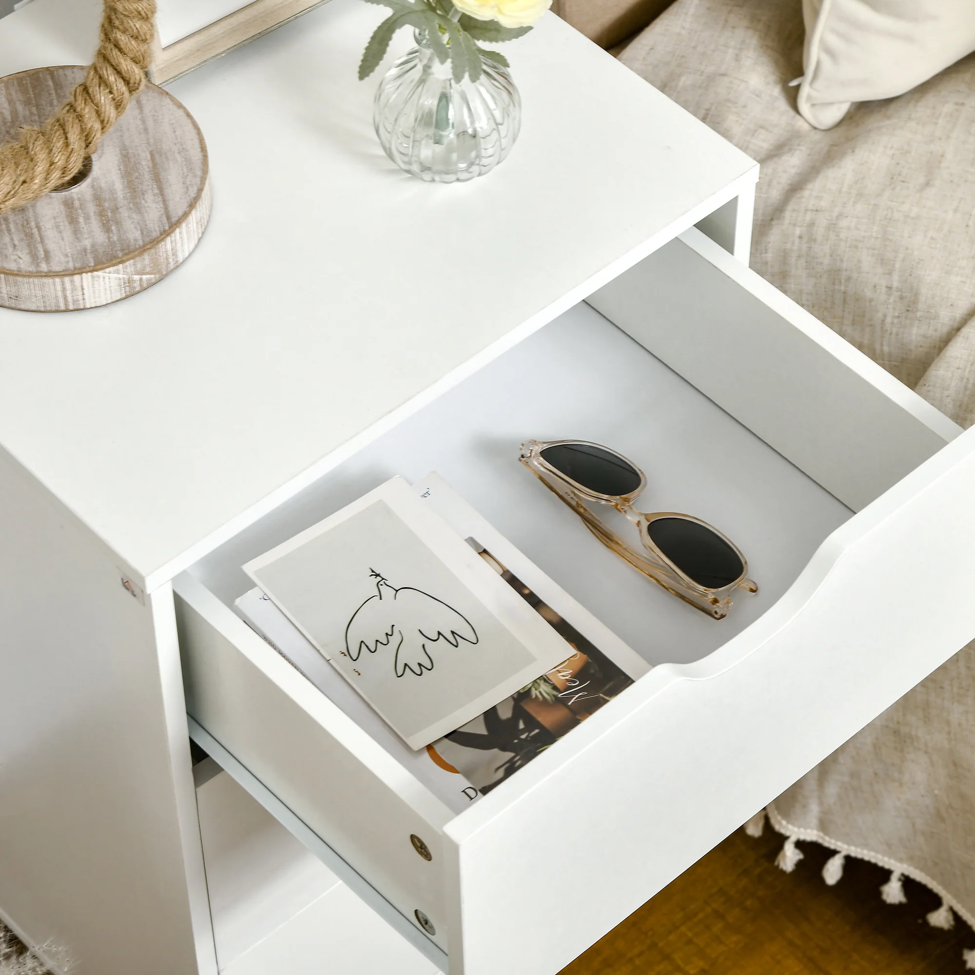 Bedside Cabinet with 3 Drawers & Wood Legs, Modern Small Side Table for Bedroom, White - Image 11