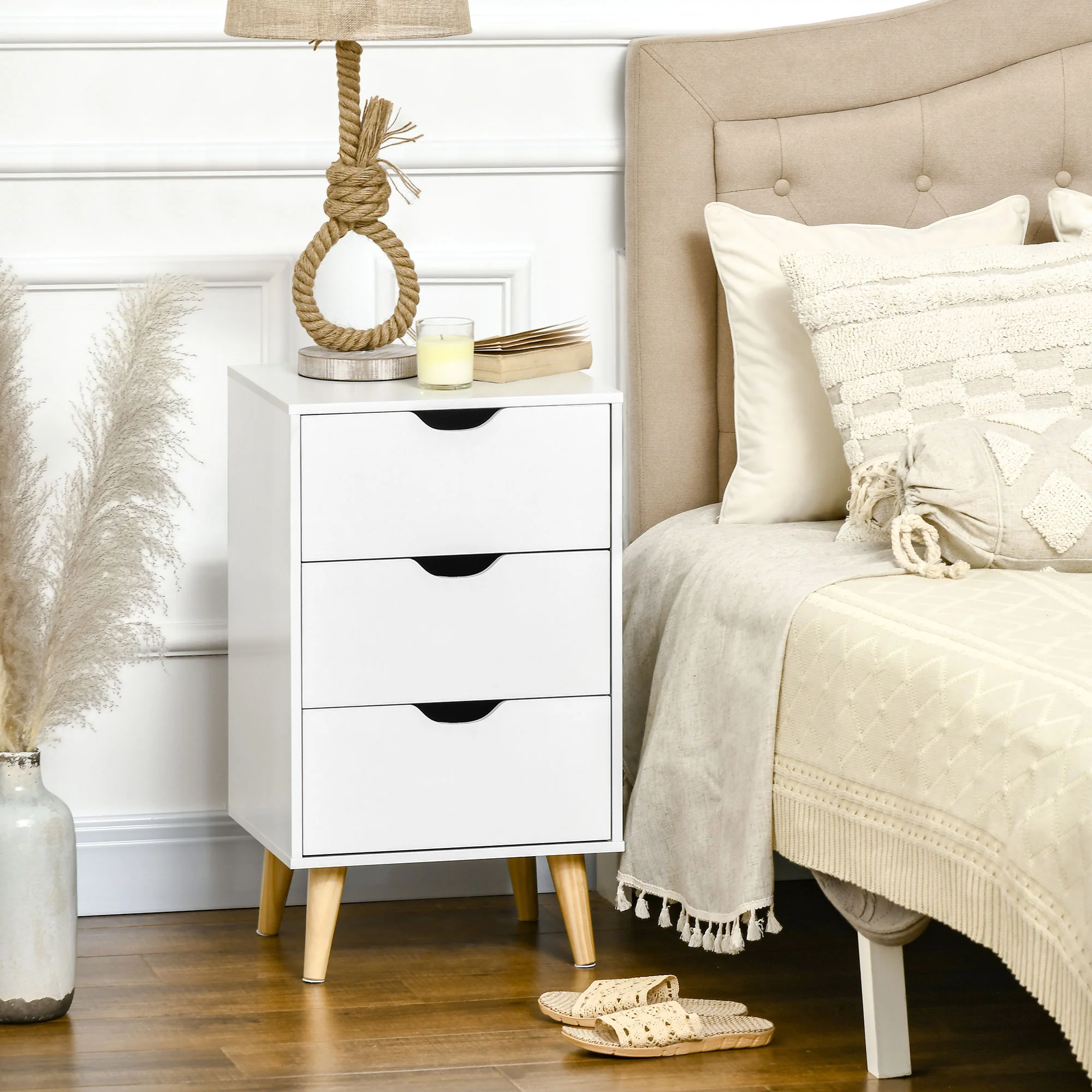 Bedside Cabinet with 3 Drawers & Wood Legs, Modern Small Side Table for Bedroom, White - Image 3