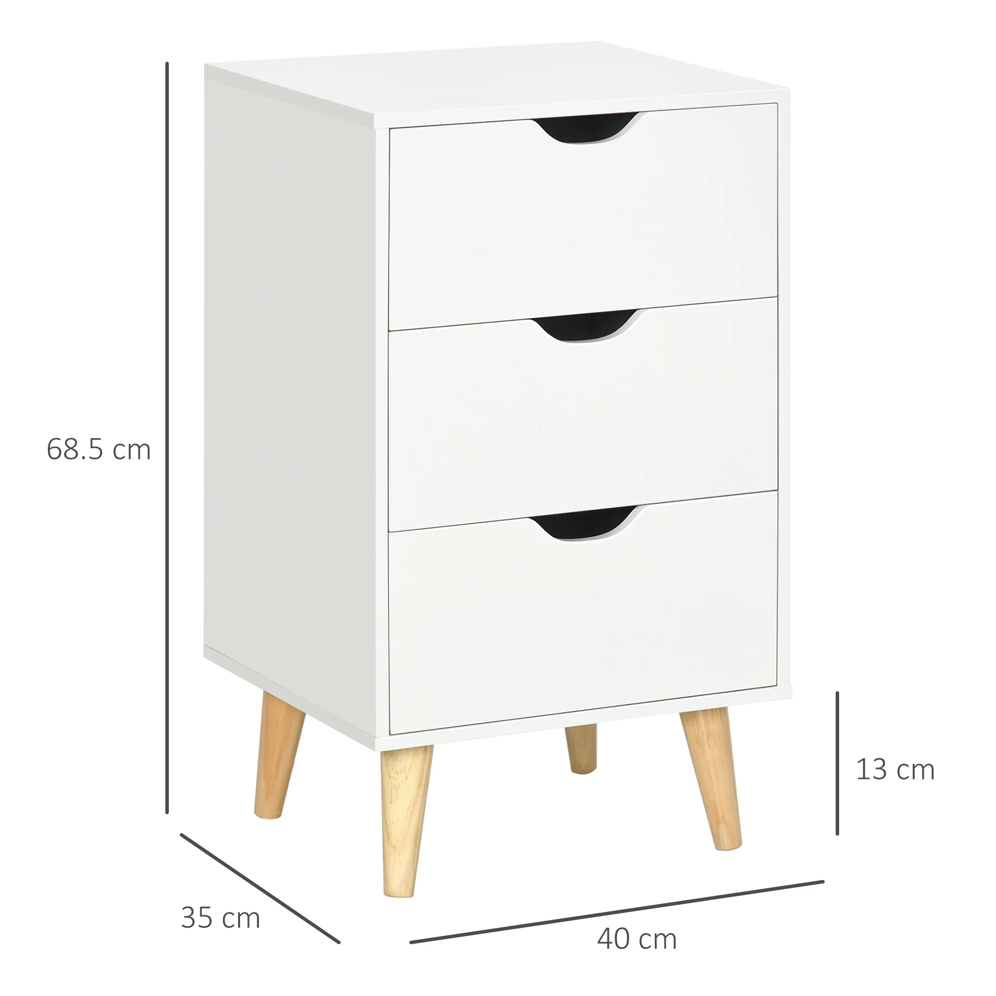 Bedside Cabinet with 3 Drawers & Wood Legs, Modern Small Side Table for Bedroom, White - Image 5