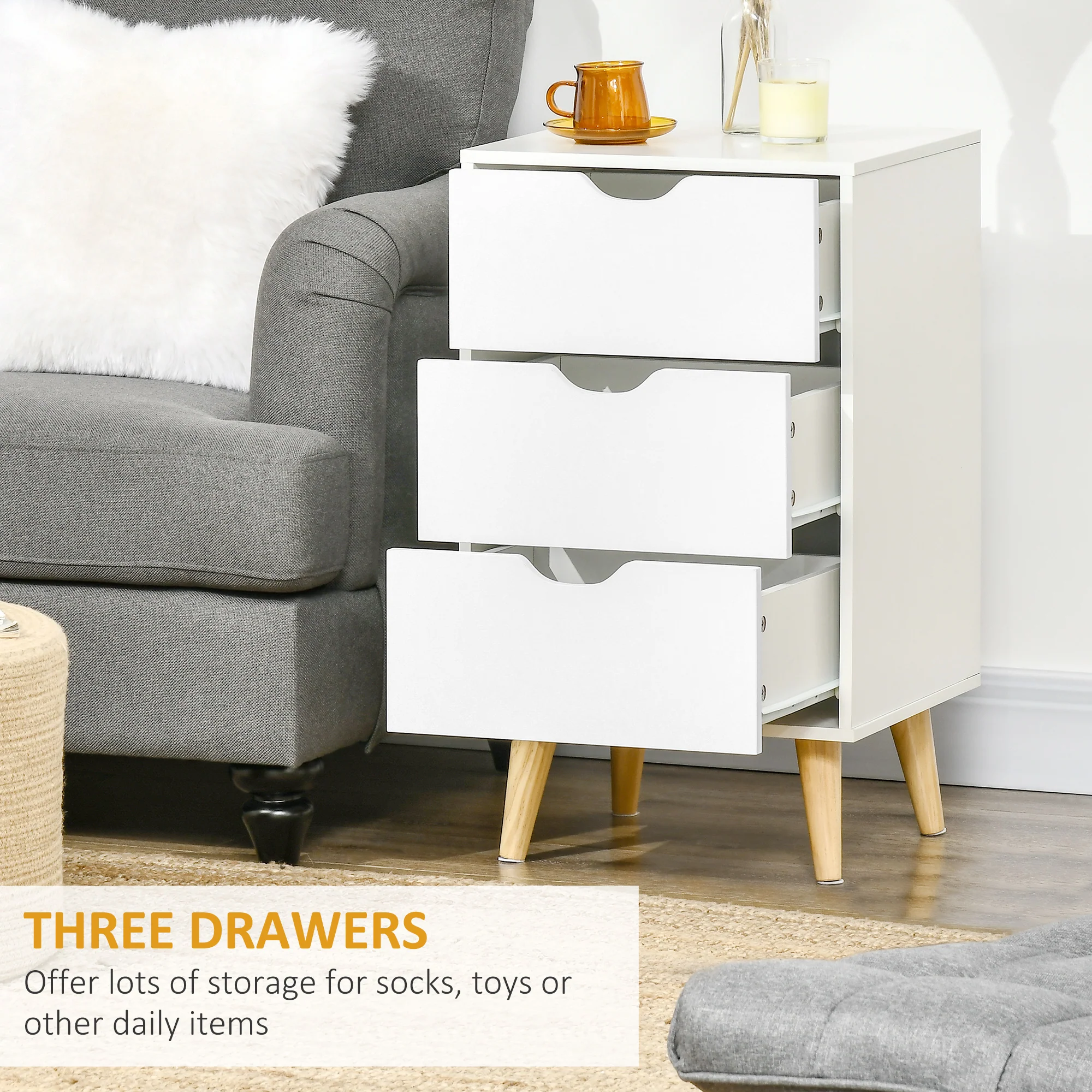 Bedside Cabinet with 3 Drawers & Wood Legs, Modern Small Side Table for Bedroom, White - Image 7
