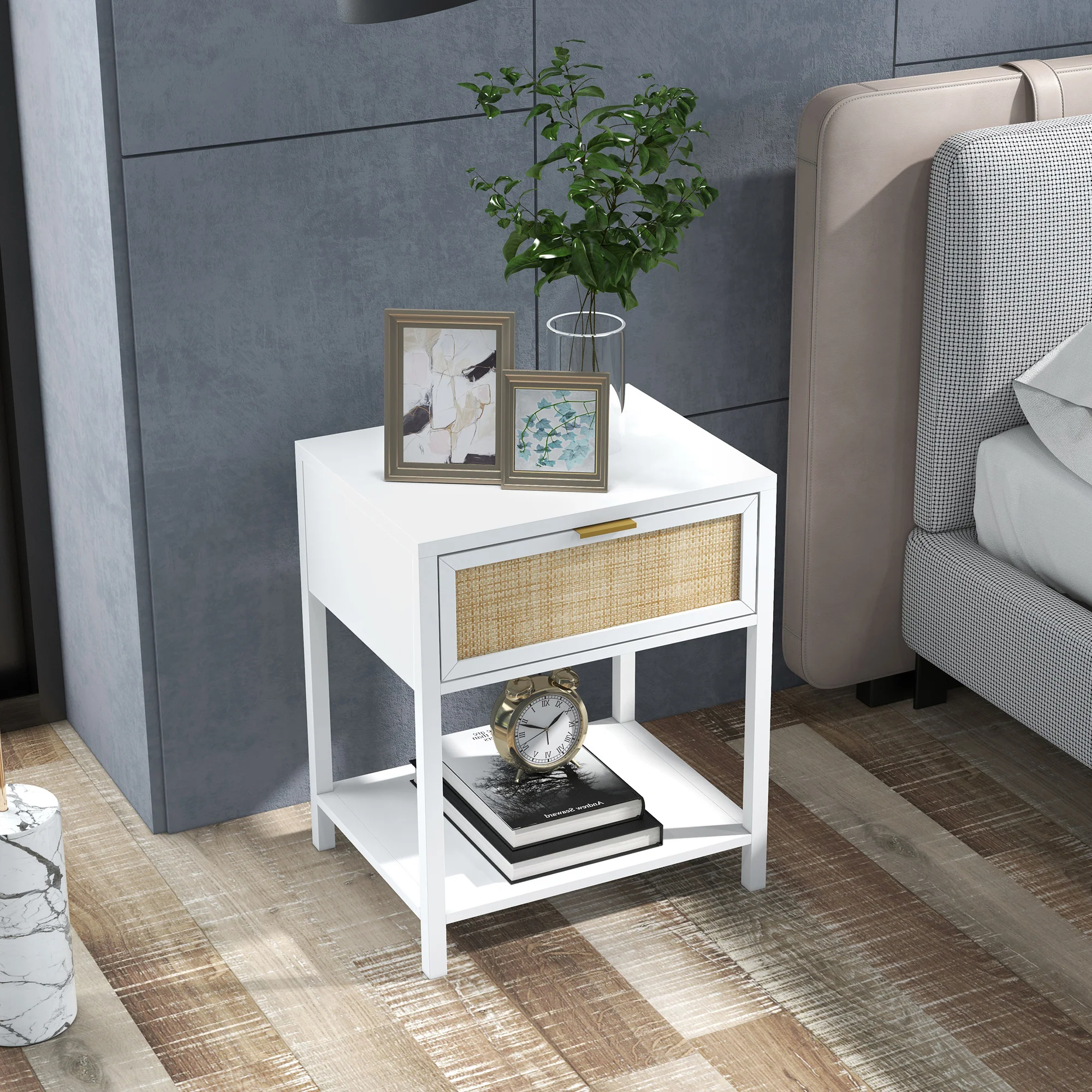 Boho Nightstand with Drawer & Open Shelf, Rattan Bedside Table for Bedroom, White - Image 3