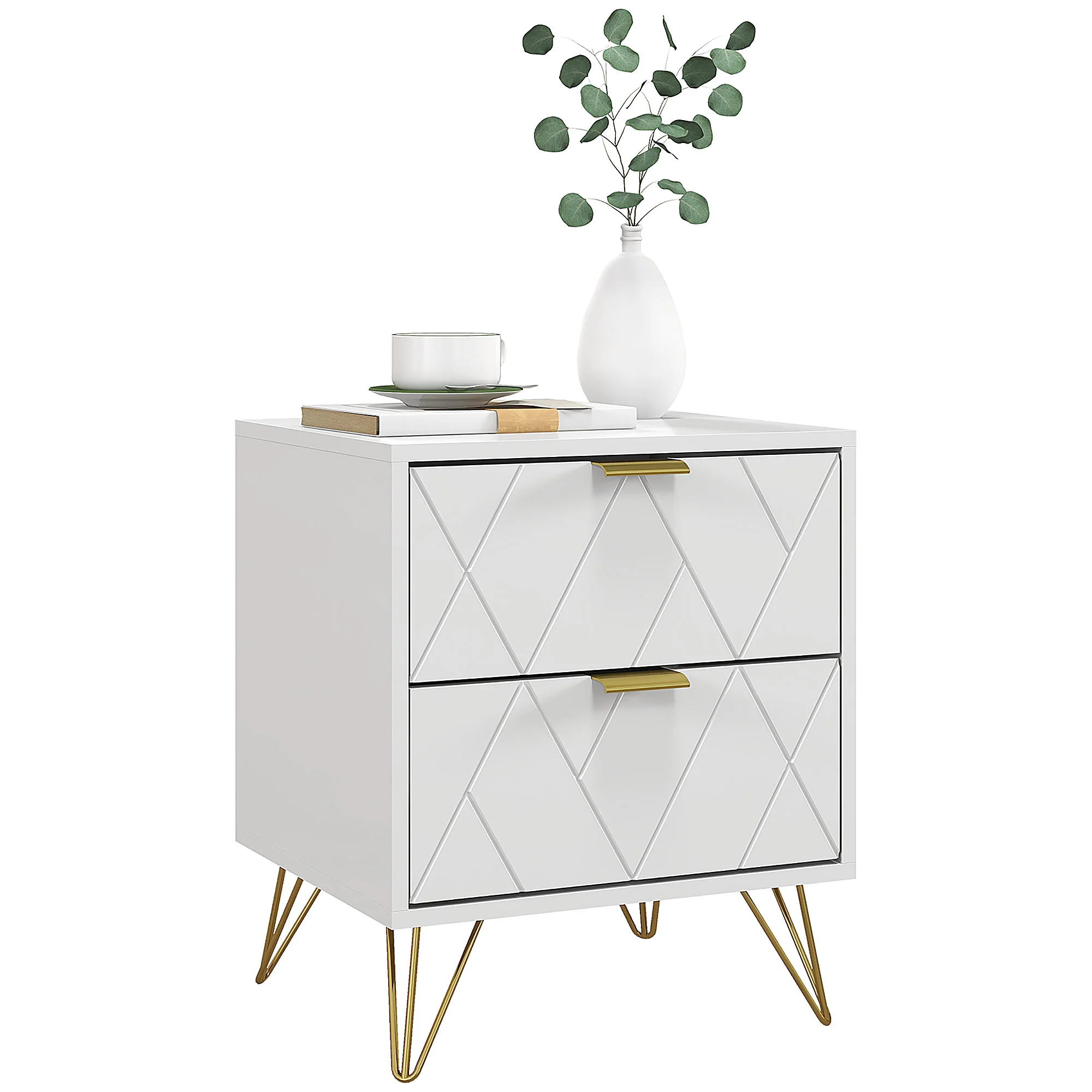 Modern Nightstand with 2 Drawers, Sofa End Table with Storage & Gold Hairpin Legs, White