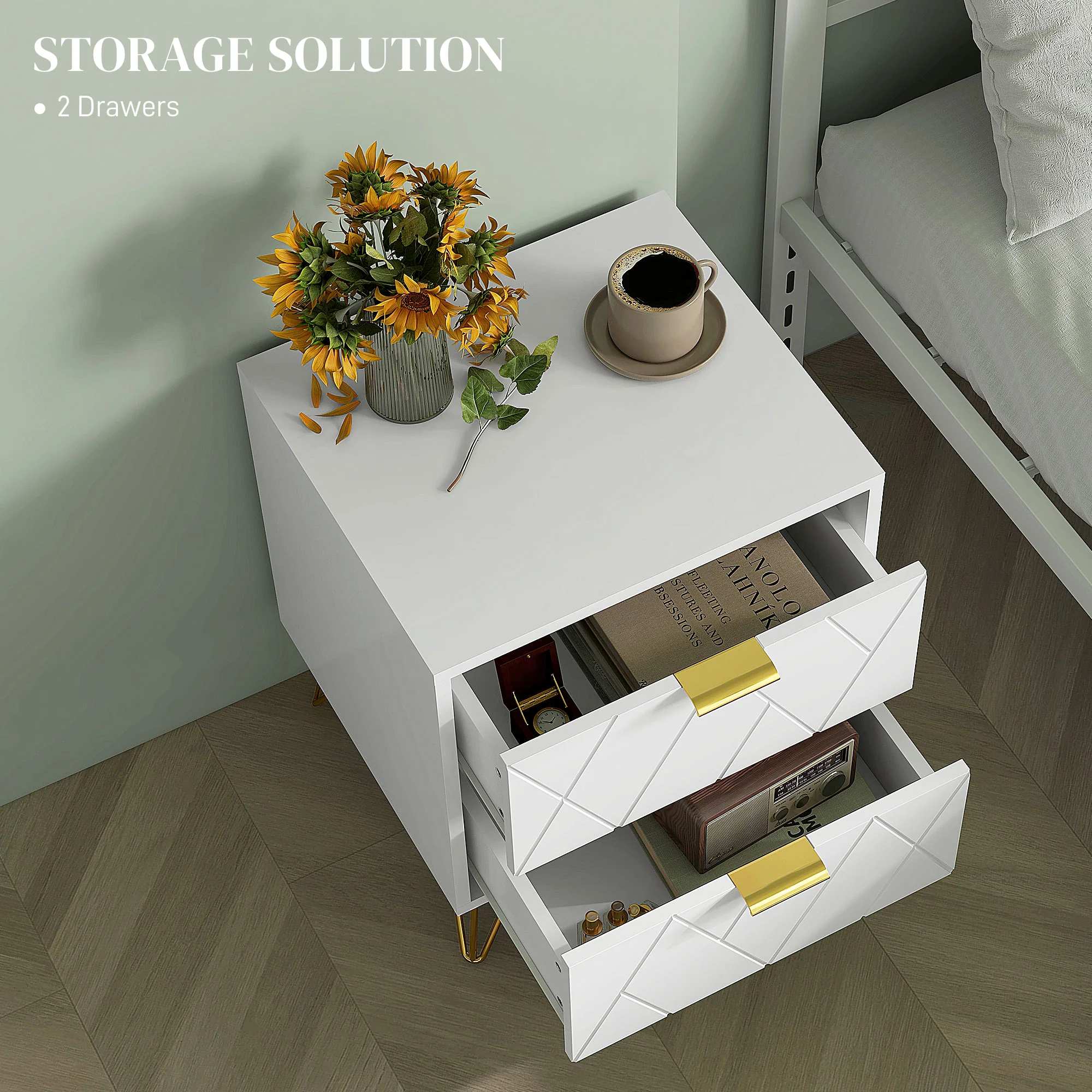 Modern Nightstand with 2 Drawers, Sofa End Table with Storage & Gold Hairpin Legs, White - Image 6