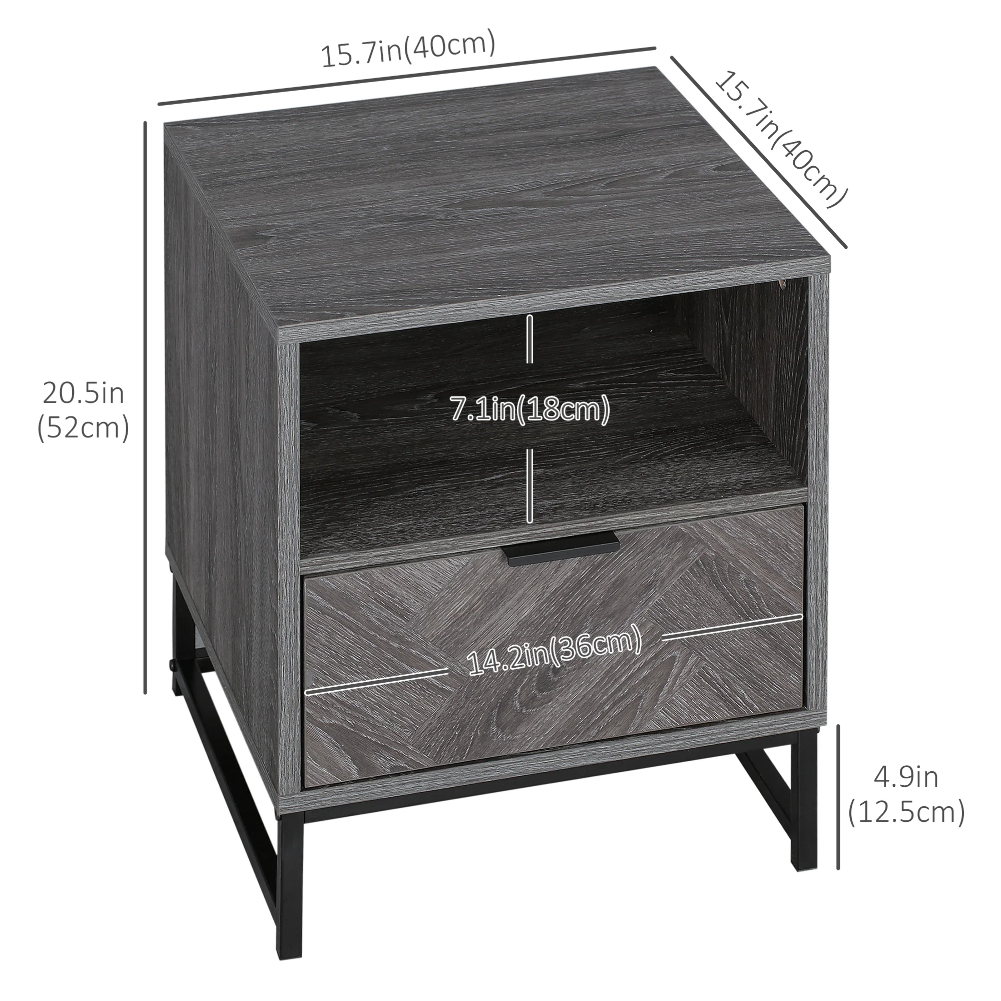 Nightstand with Drawer & Open Shelf, Square Side End Table with Steel Legs, Dark Grey - Image 5