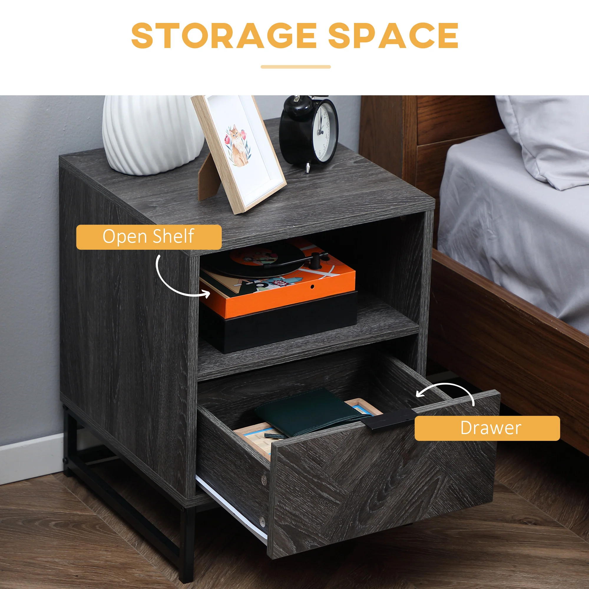 Nightstand with Drawer & Open Shelf, Square Side End Table with Steel Legs, Dark Grey - Image 7