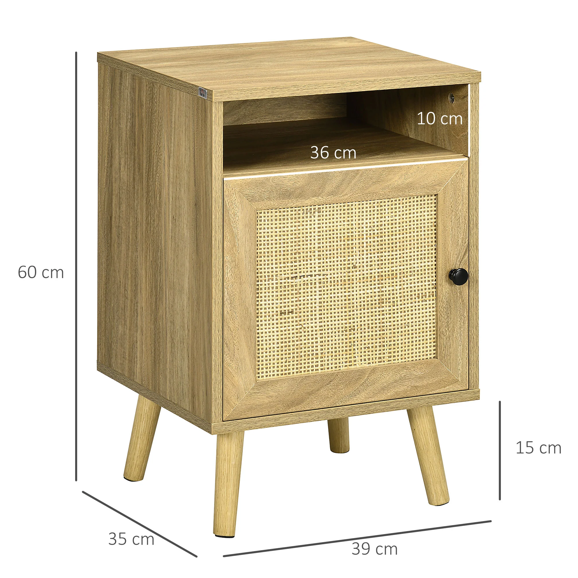 Bedside Table with Storage Shelf, Door Cupboard, Rattan Element and Tapered Leg, Natural - Image 5