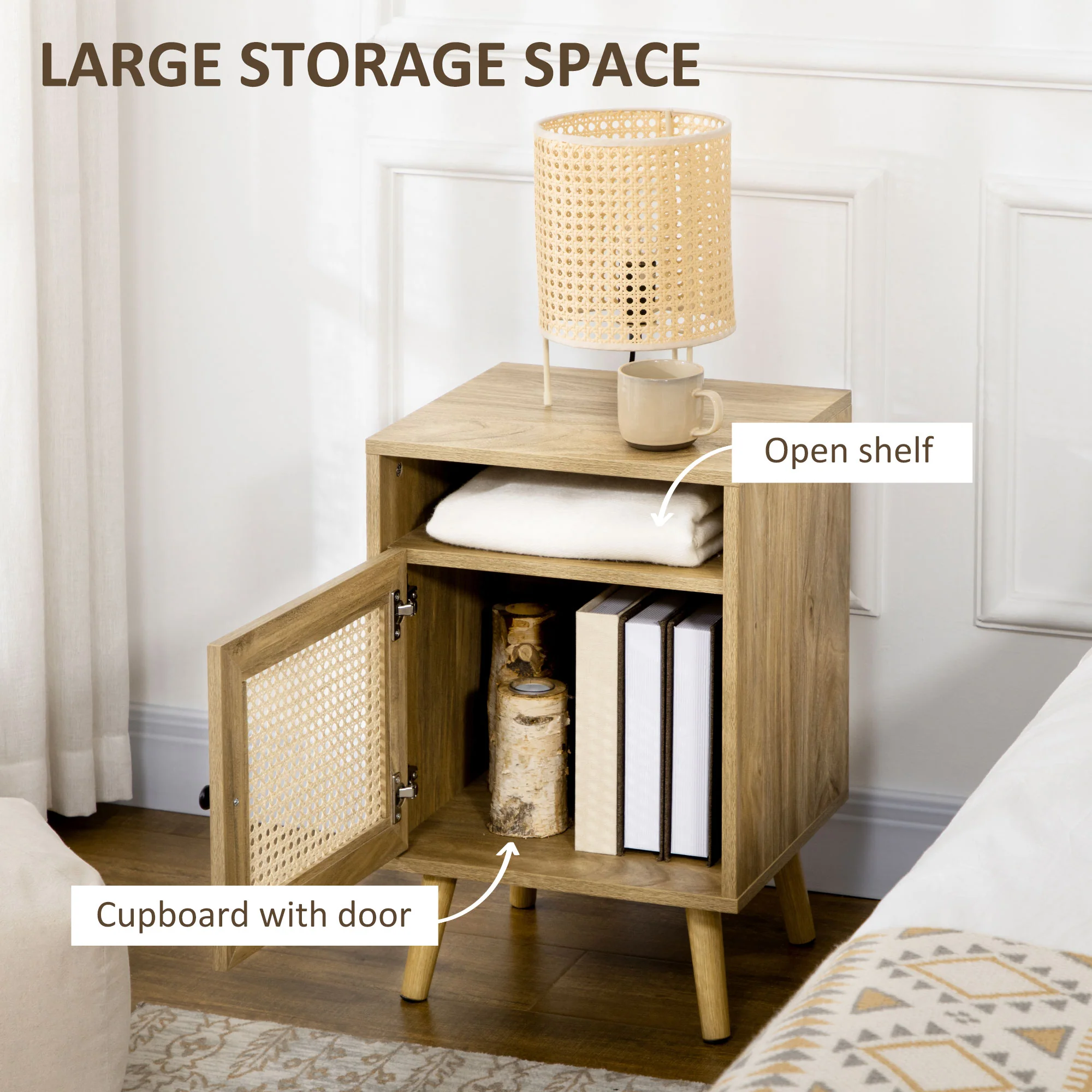 Bedside Table Set of 2 with Storage Shelf and Door Cupboard, Rattan Element, Natural - Image 7