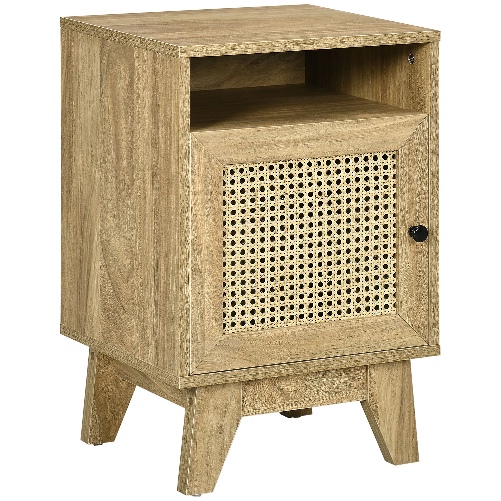 Bedside Table with Storage Shelf and Door Cupboard, Rattan Element, Natural