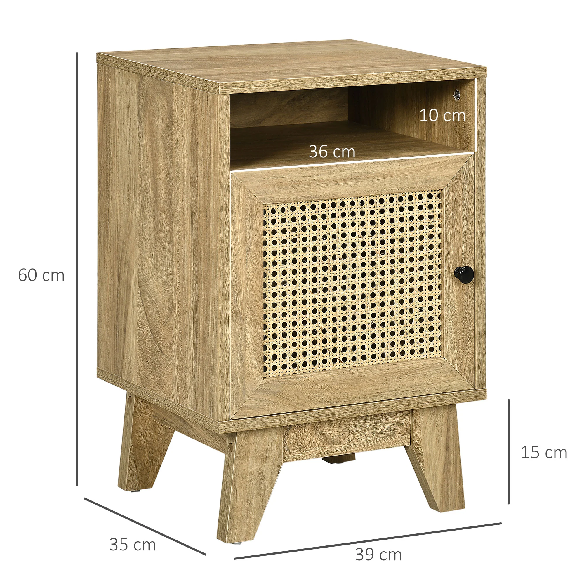 Bedside Table with Storage Shelf and Door Cupboard, Rattan Element, Natural - Image 5