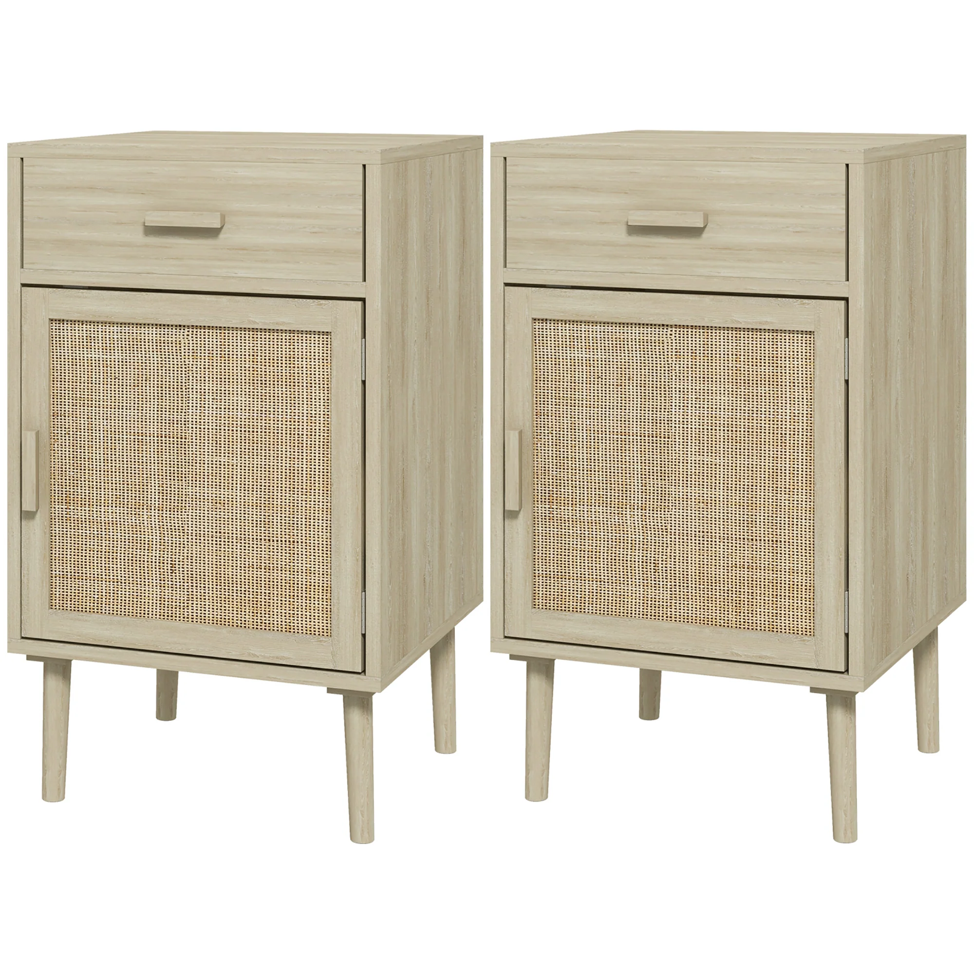 Bedside Table Set of 2 with Drawer, Rattan Cabinet & Adjustable Shelf, Natural Wood Effect - Image 2