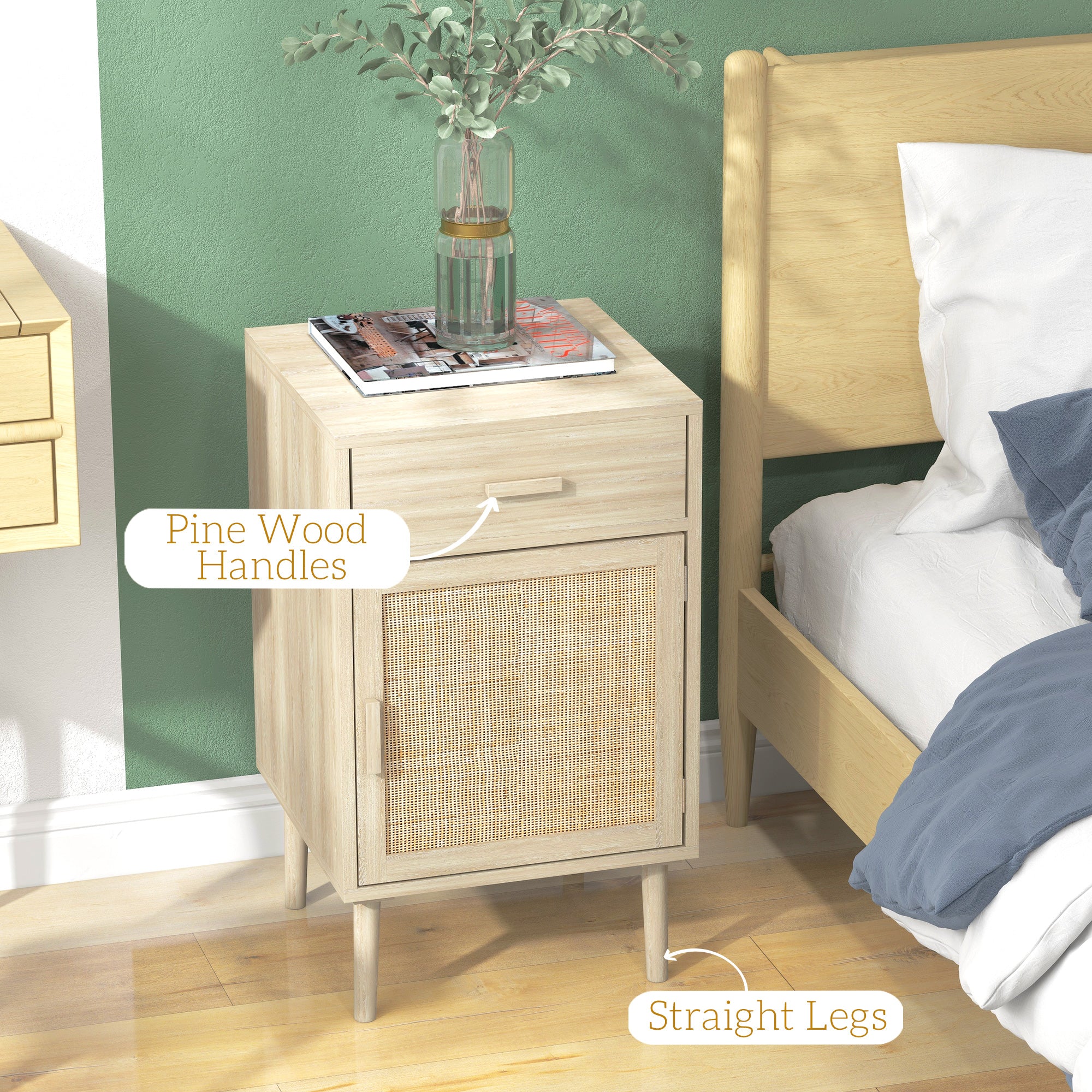Bedside Table Set of 2 with Drawer, Rattan Cabinet & Adjustable Shelf, Natural Wood Effect - Image 9